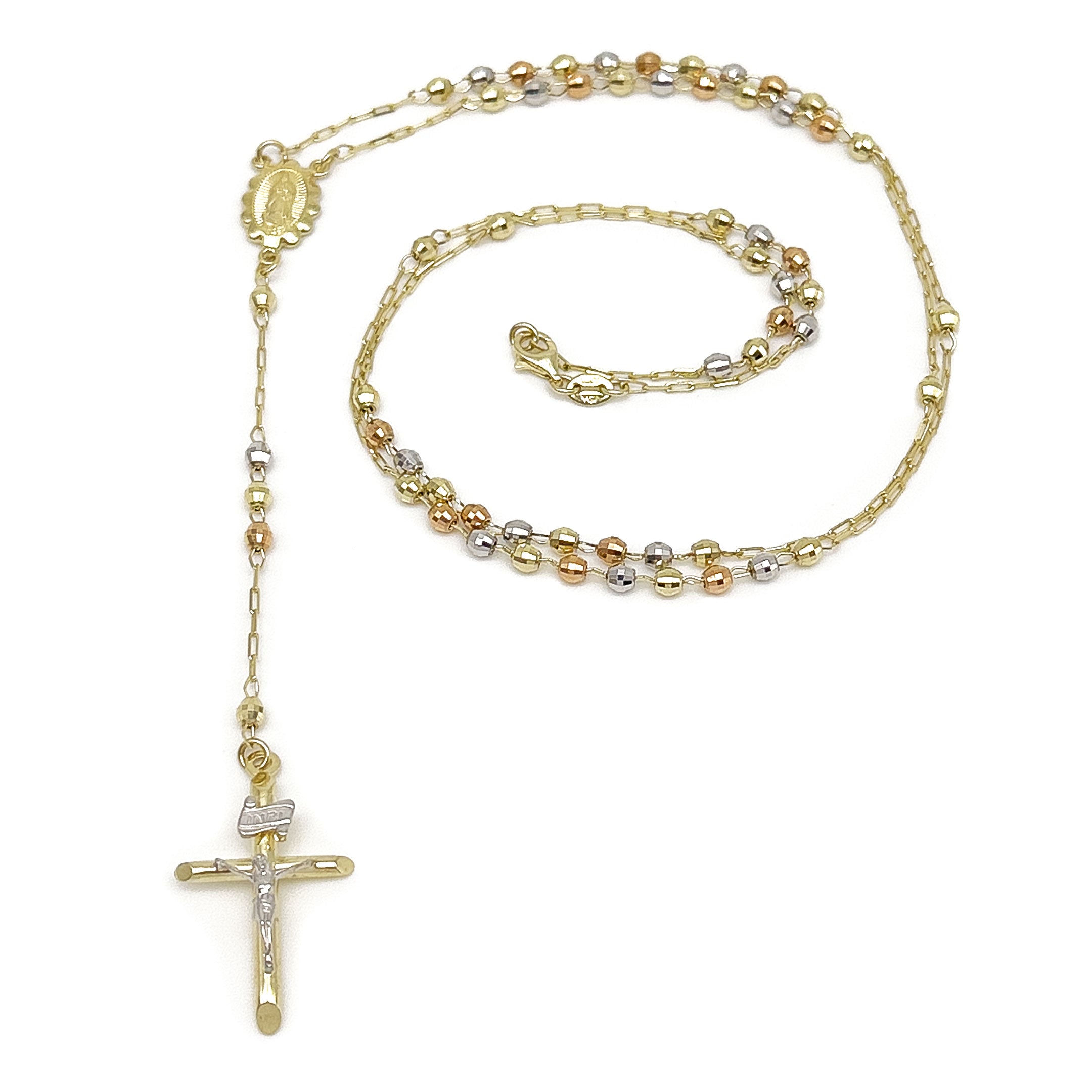 Solid 14k Tri-color Gold Rosary Necklace on a white background