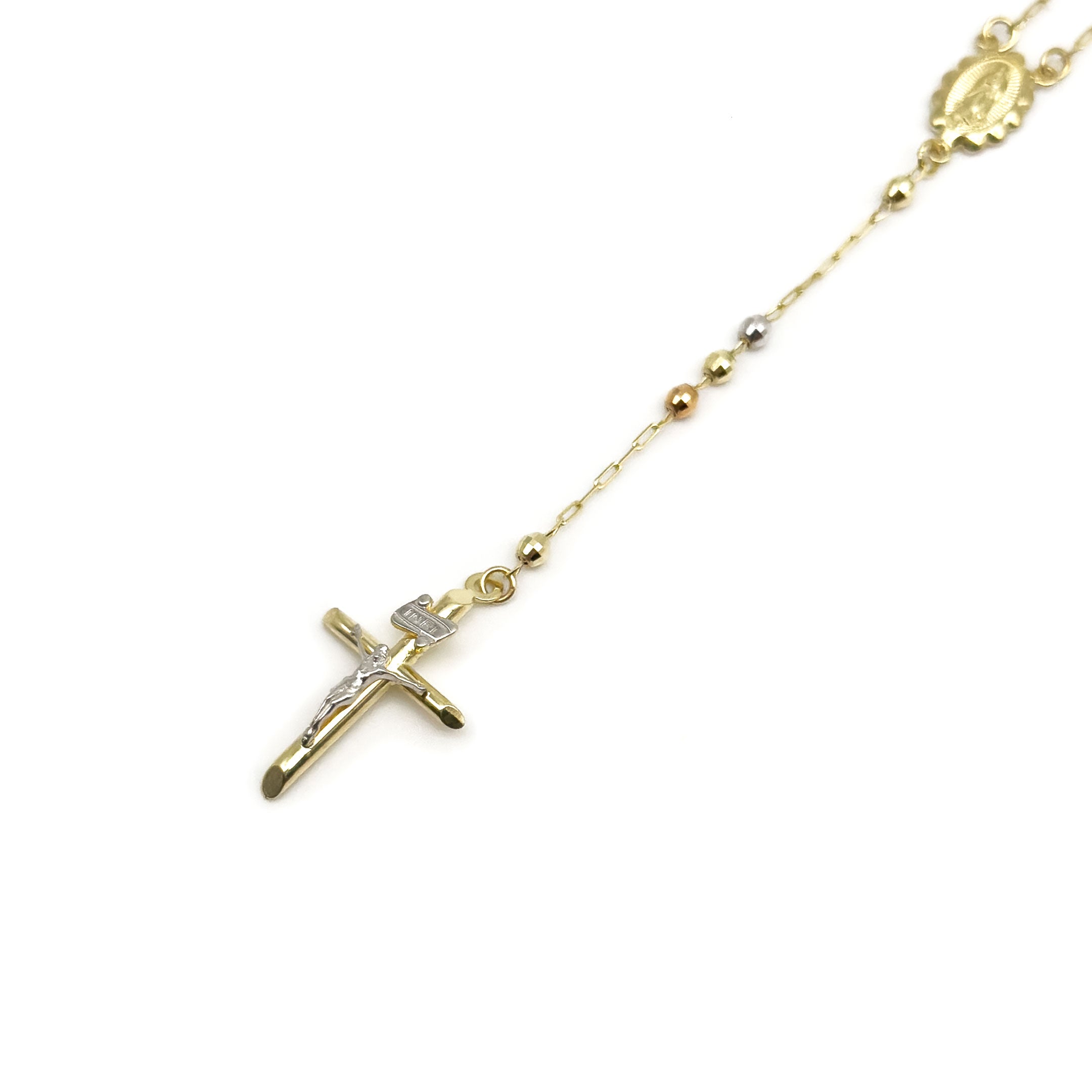 Solid 14k Tri-color Gold Rosary Necklace - close up of drop on white background