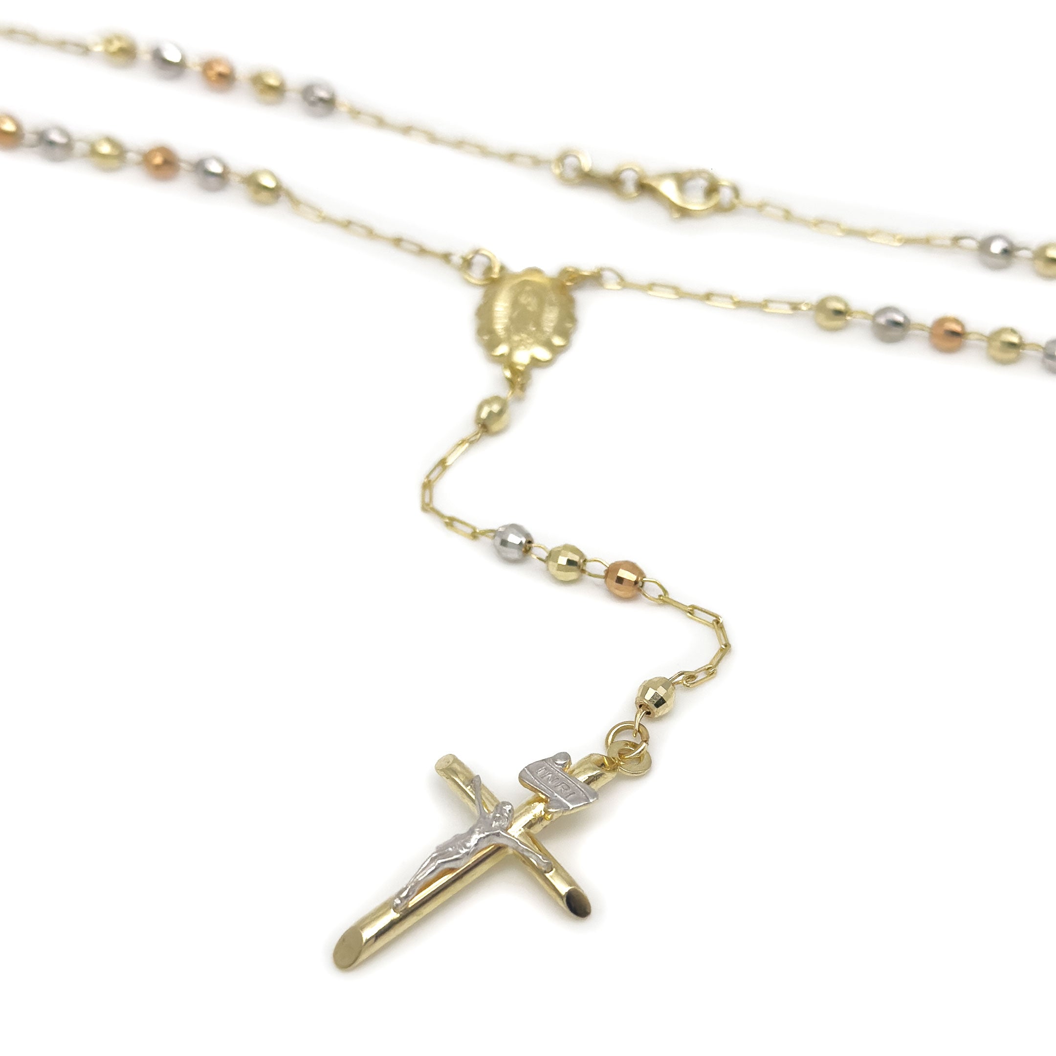 Solid 14k Tri-color Gold Rosary Necklace - close up of crucifix drop on white background