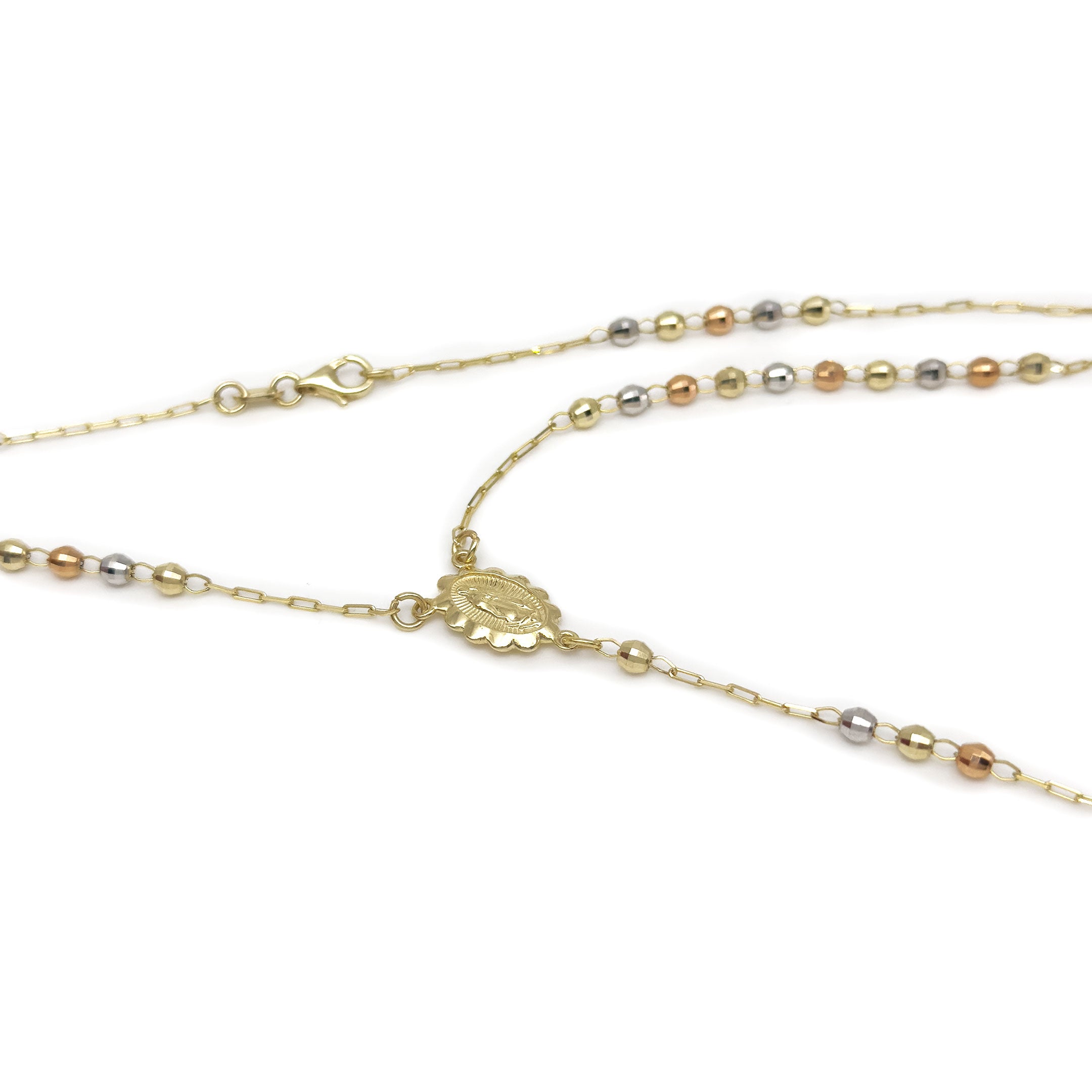Solid 14k Tri-color Gold Rosary Necklace - close up of miraculous medal in center on white background