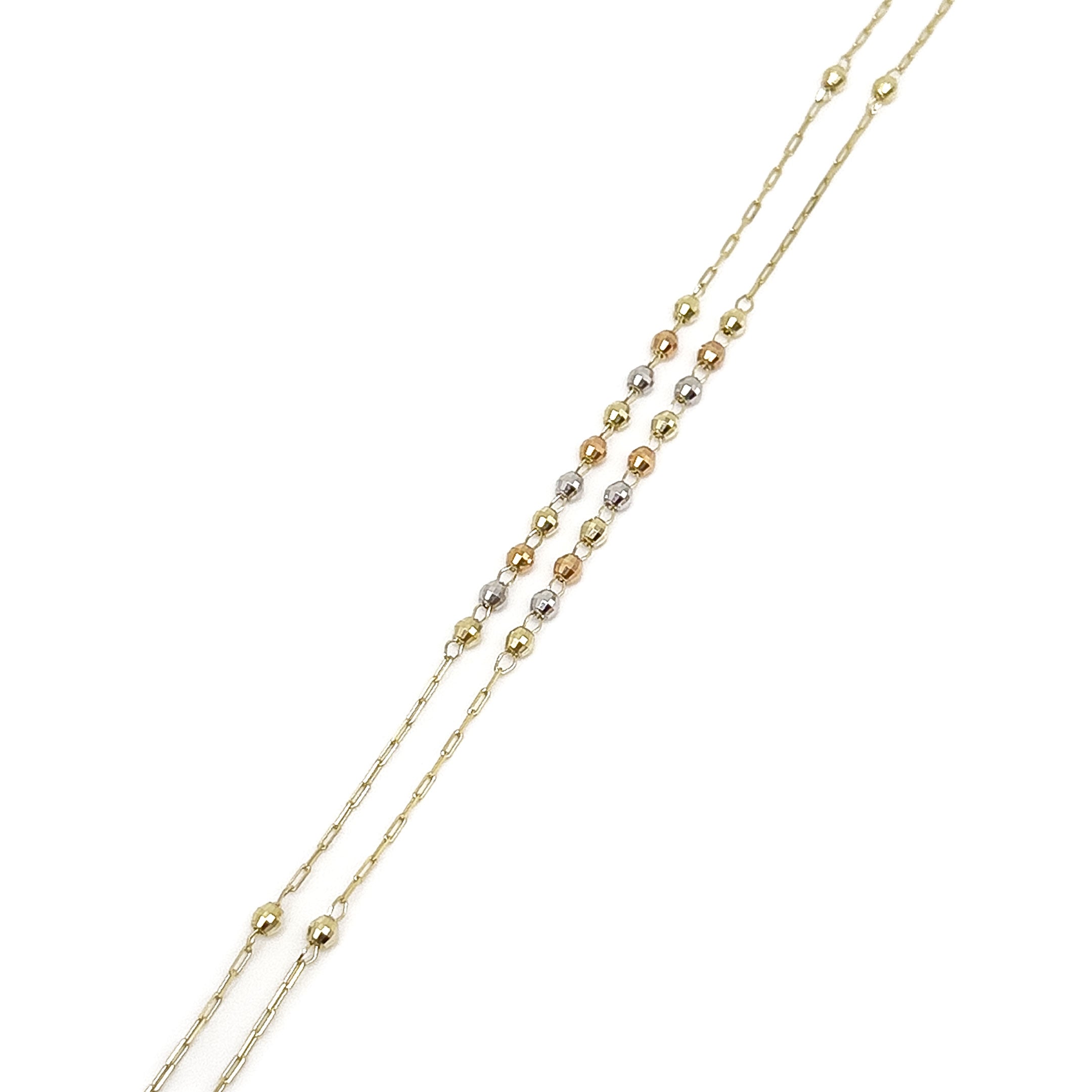 Solid 14k Tri-color Gold Rosary Necklace - close up of beads on white background