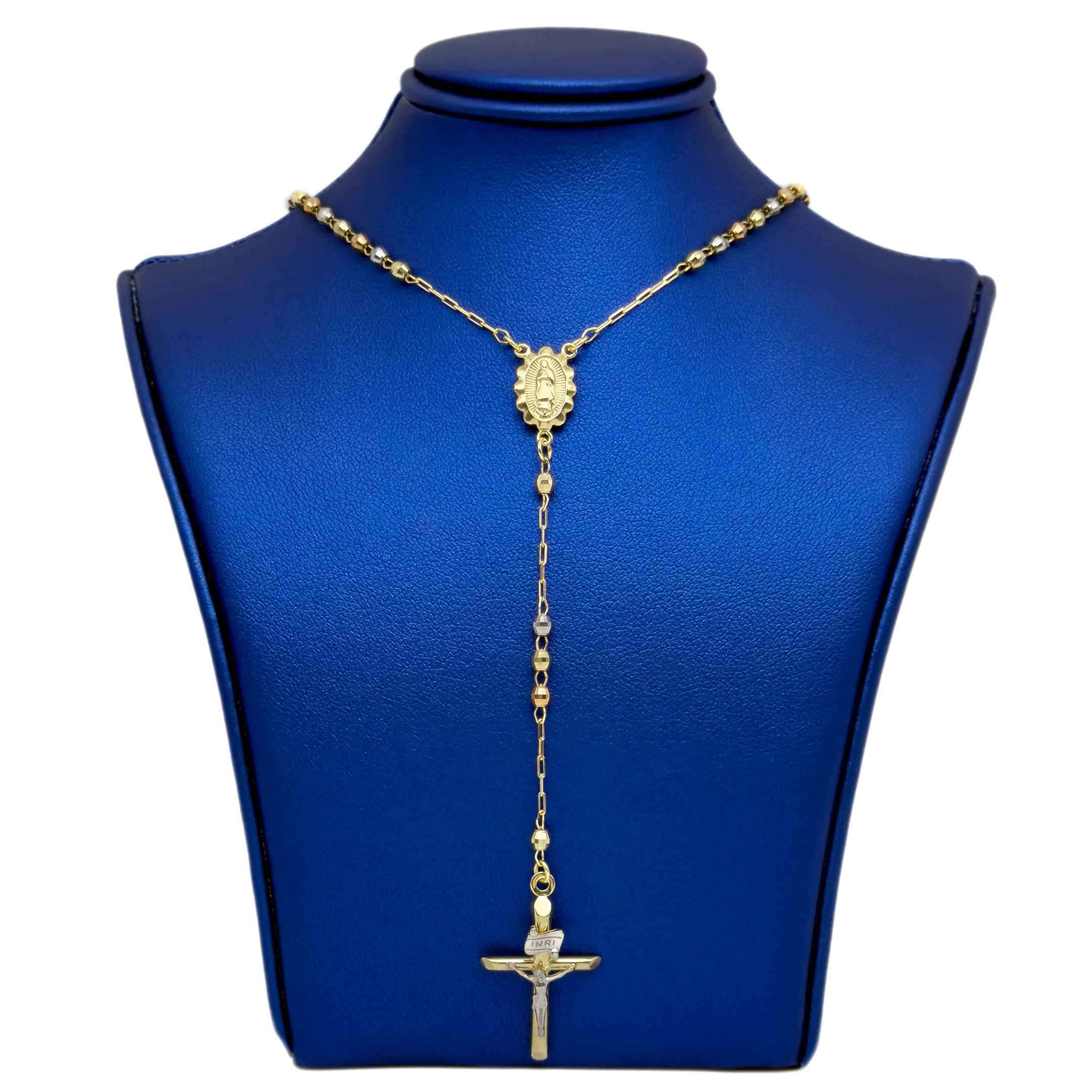Solid 14k Tri-color Gold Rosary Necklace on a blue neck display