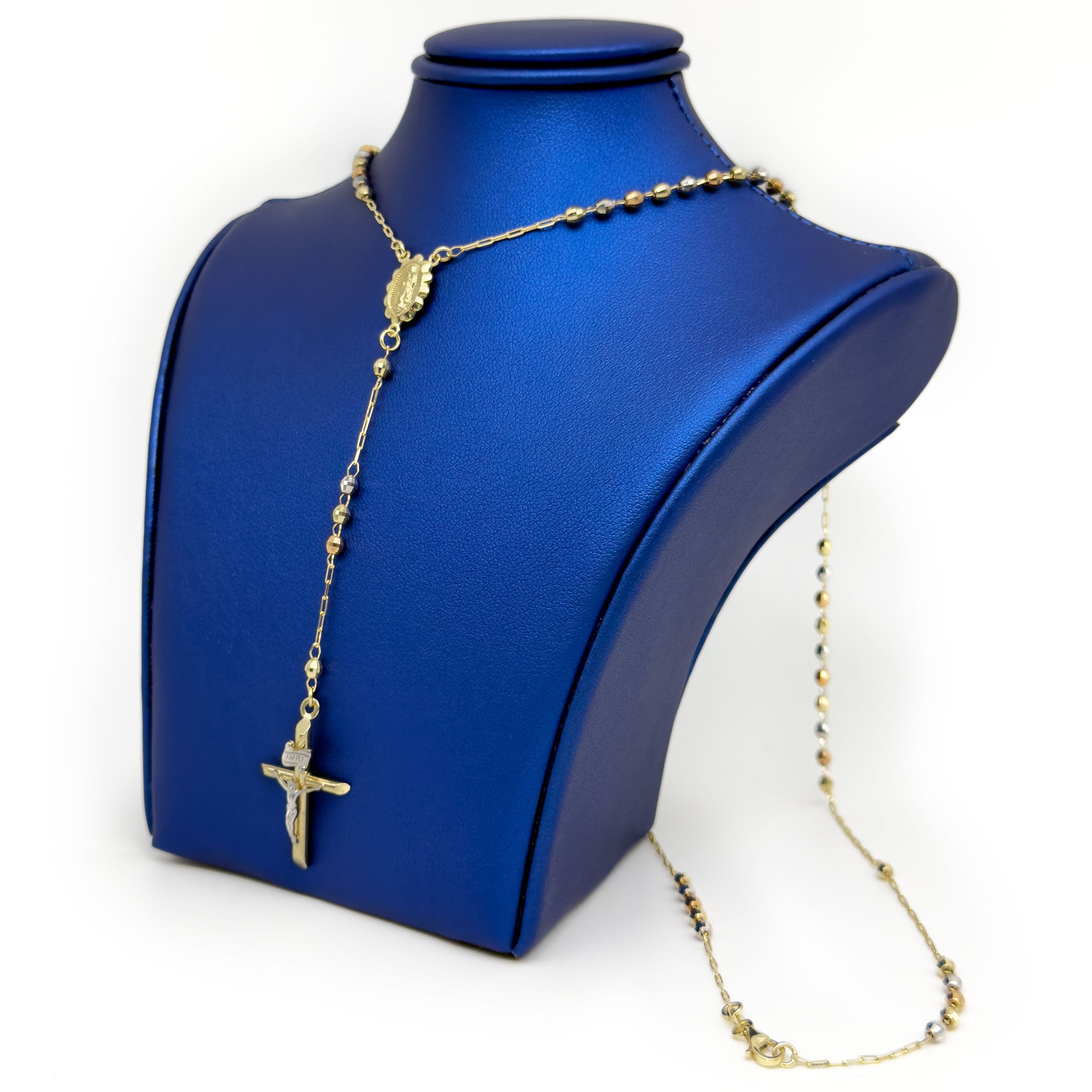 Solid 14k Tri-color Gold Rosary Necklace on a blue neck display side view