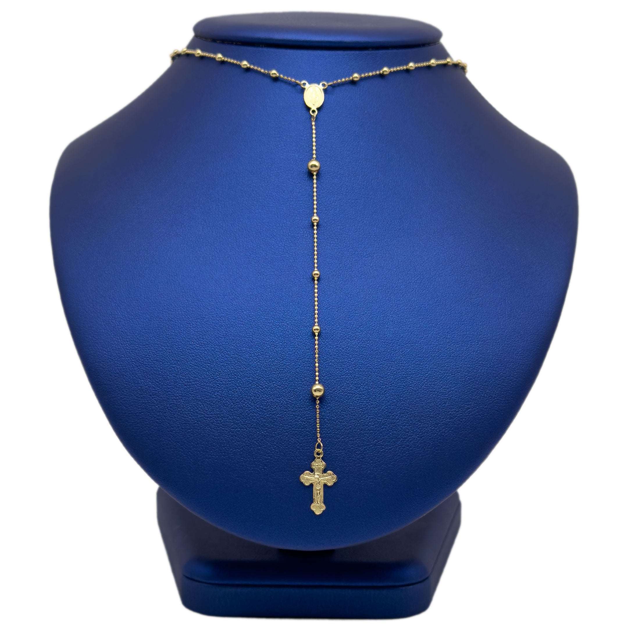 Solid 14k Yellow Gold Rosary Necklace on a Blue Neck Jewelry Display