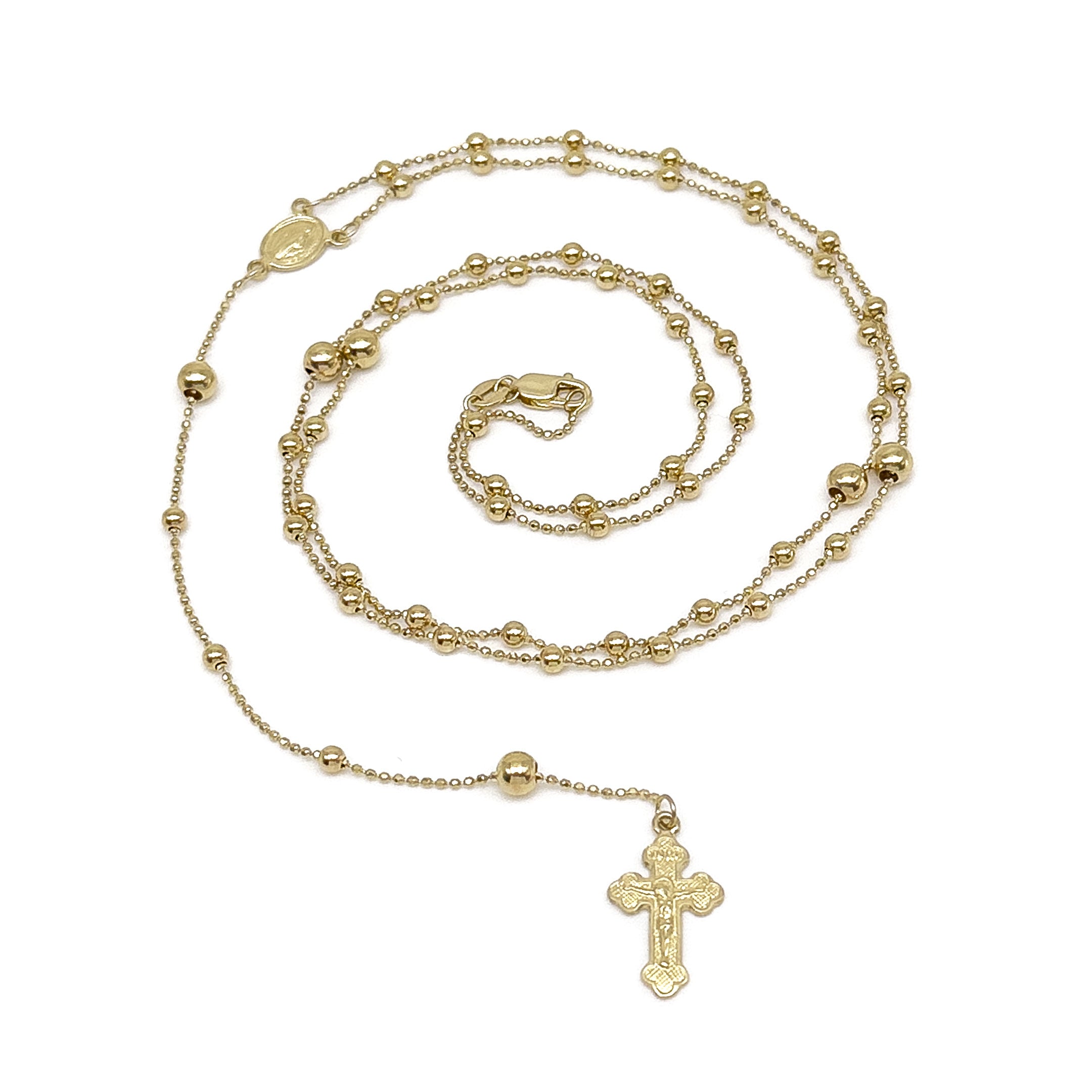 Solid 14k Yellow Gold Rosary Necklace wrapped in a spiral on a white background