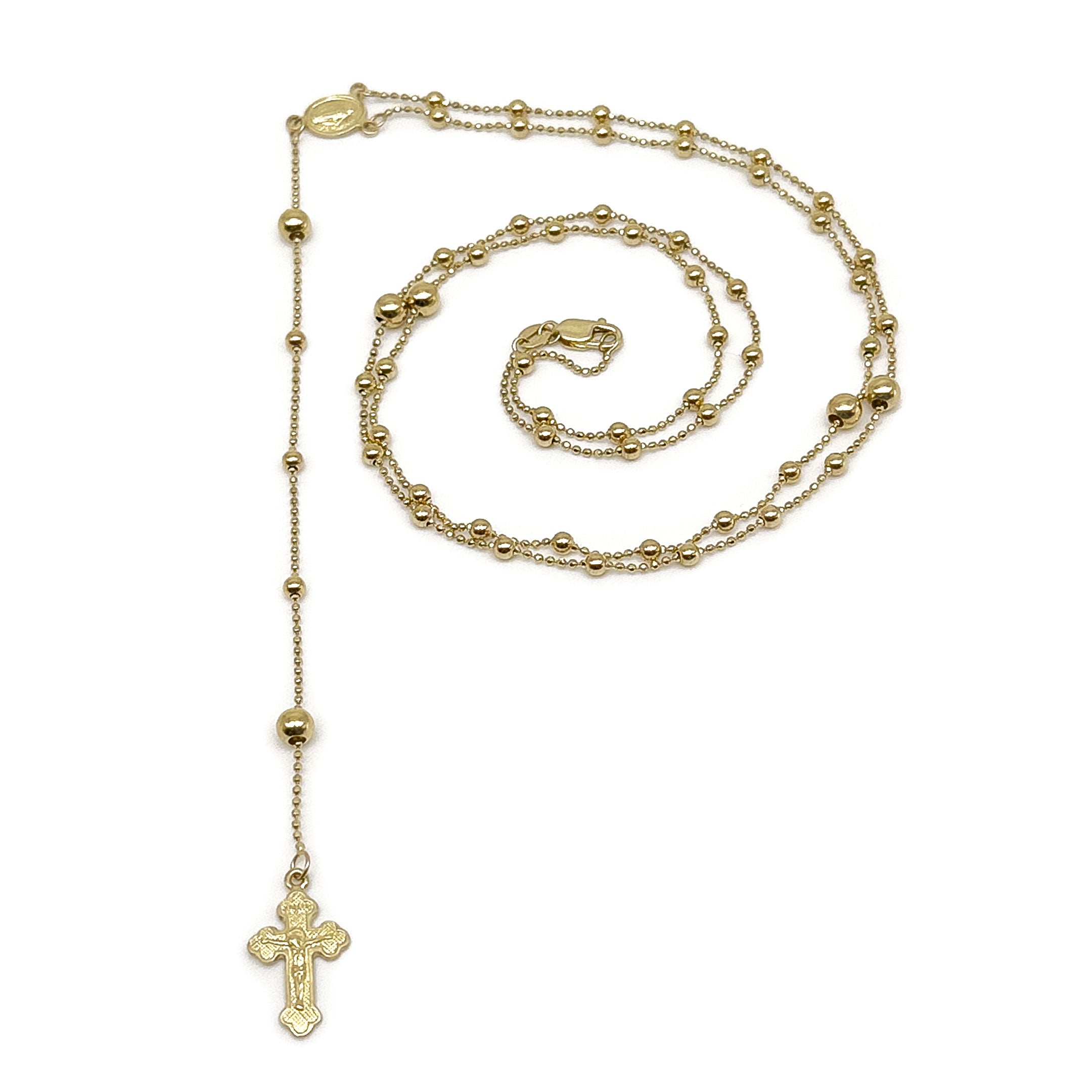 Solid 14k Yellow Gold Rosary Necklace wrapped in a spiral with drop extended on a white background