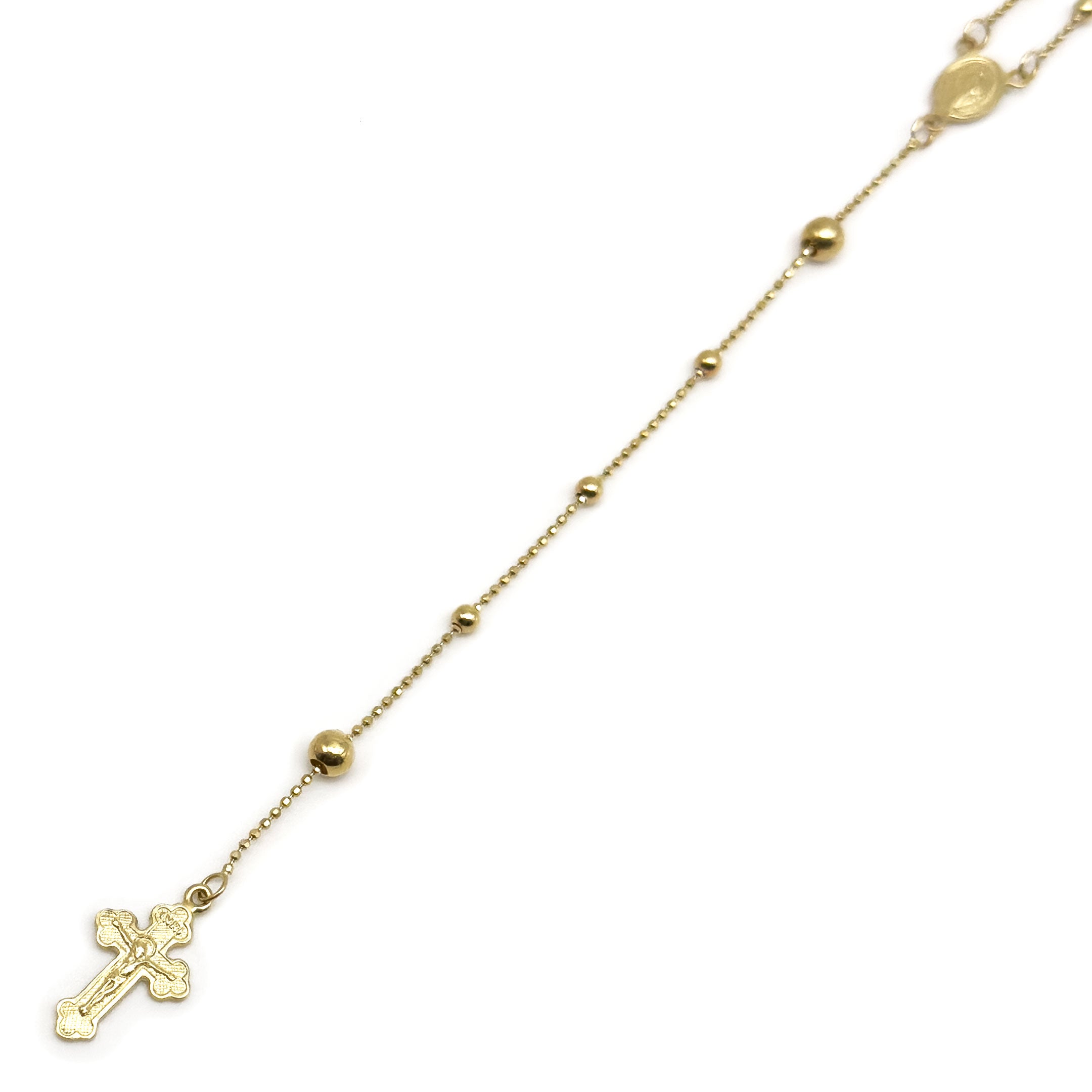 Solid 14k Yellow Gold Rosary Necklace - close up of drop on a white background