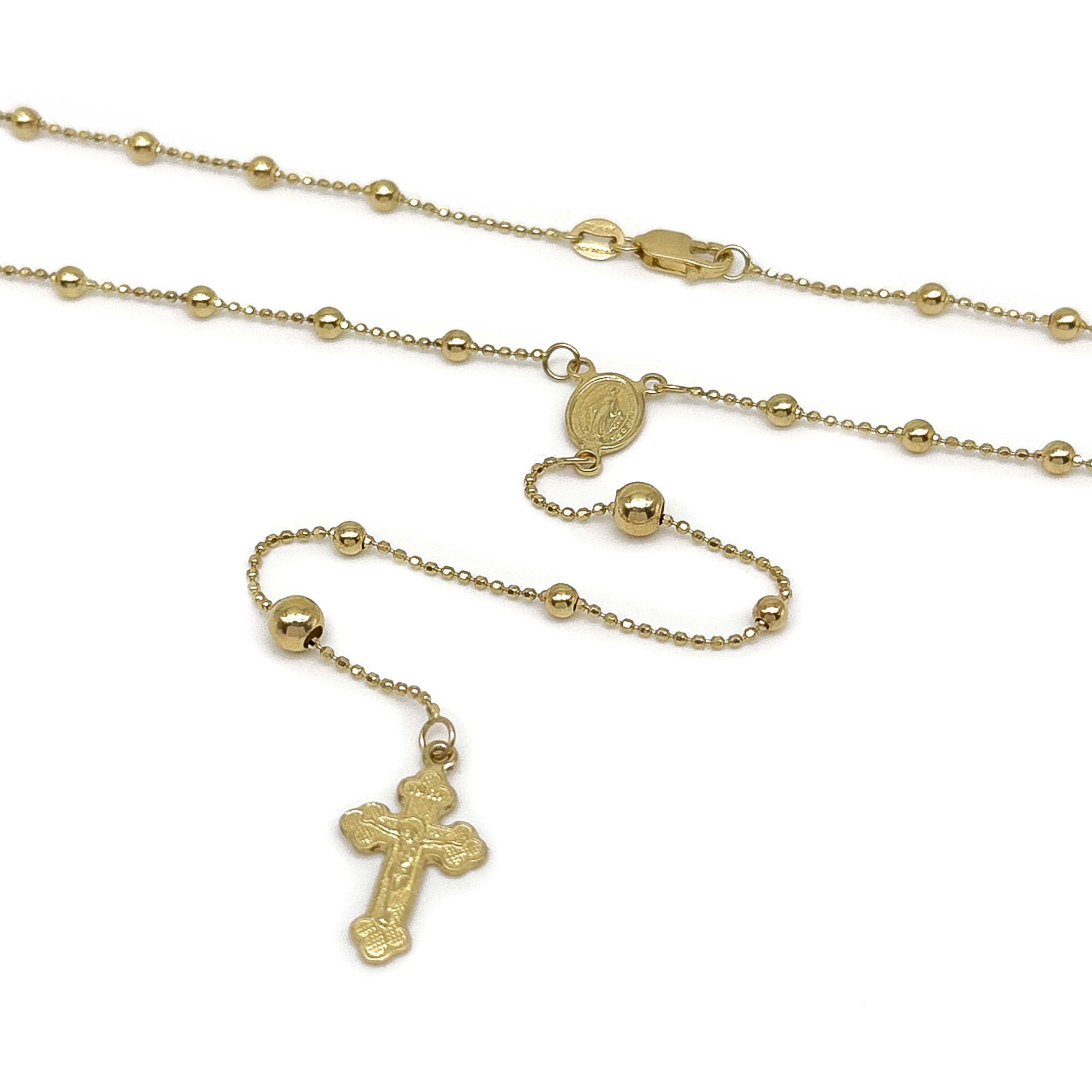 Solid 14k Yellow Gold Rosary Necklace - close up of miraculous medal and crucifix cross on a white background