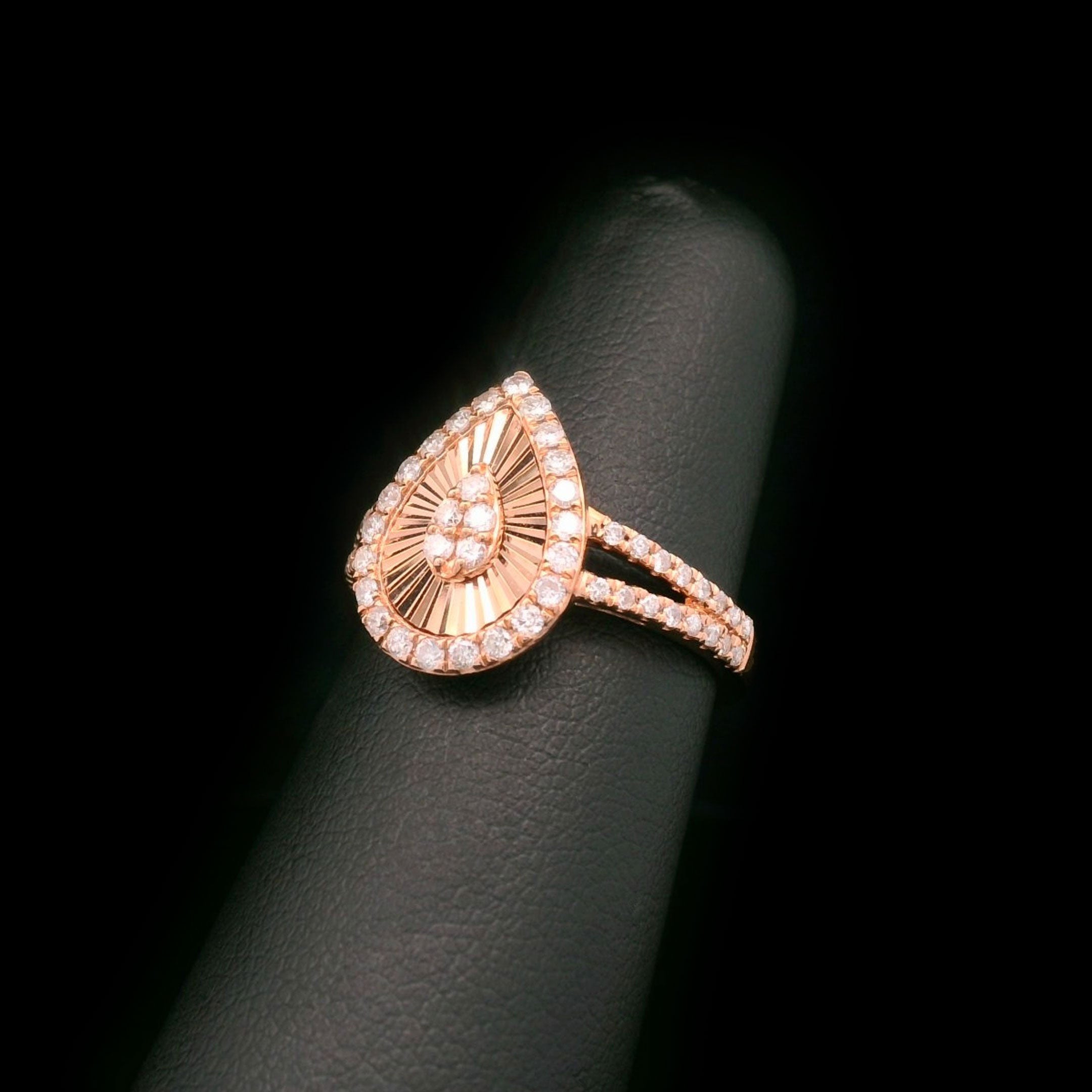 Diamond Pear Shaped Split Ring in 10k Rose Gold on Finger Display Side