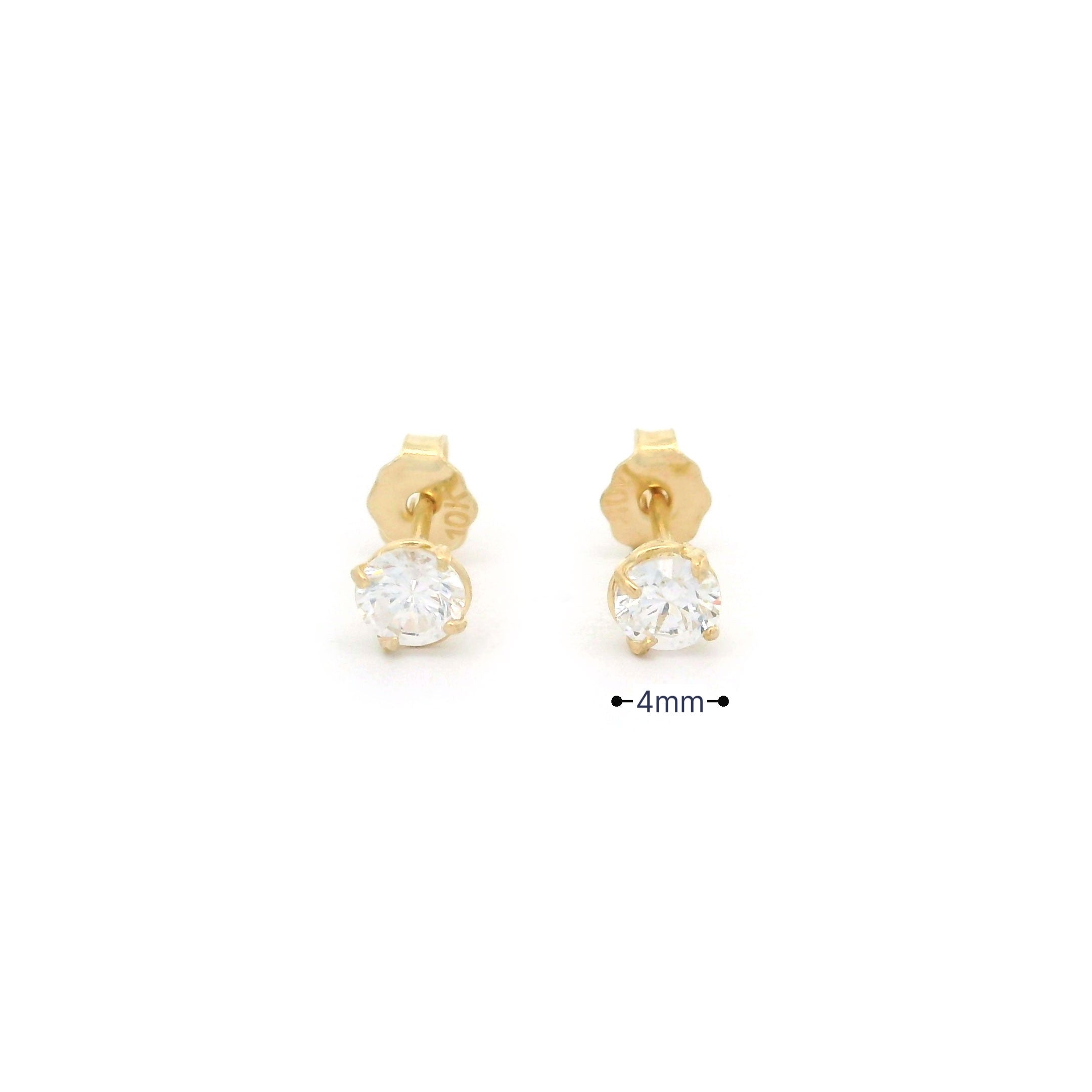 10k yellow gold studs with cz stone in basket setting 4mm size listed on white background