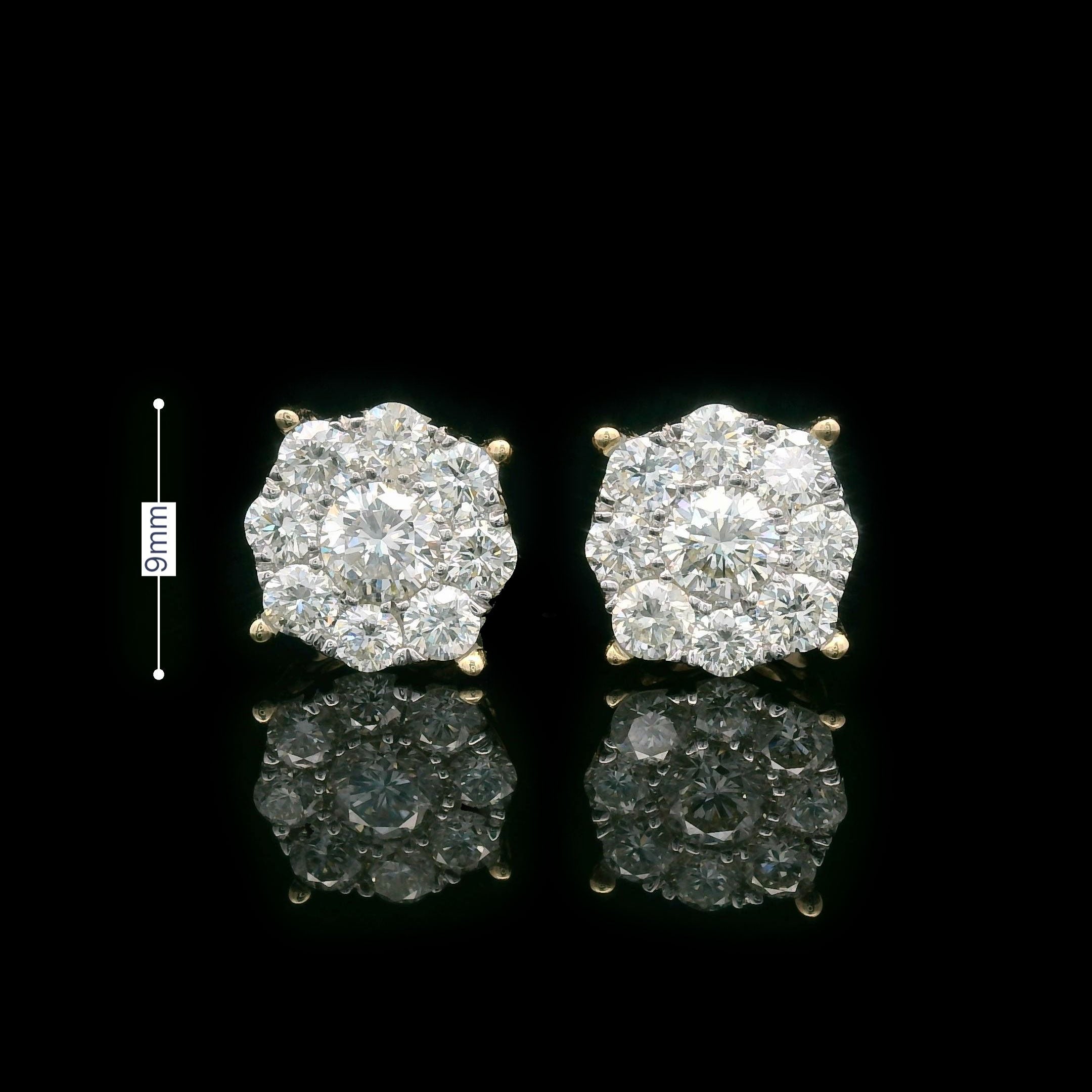 Round Diamond Cluster Earrings 1.50ctw 14k Gold Size 9mm