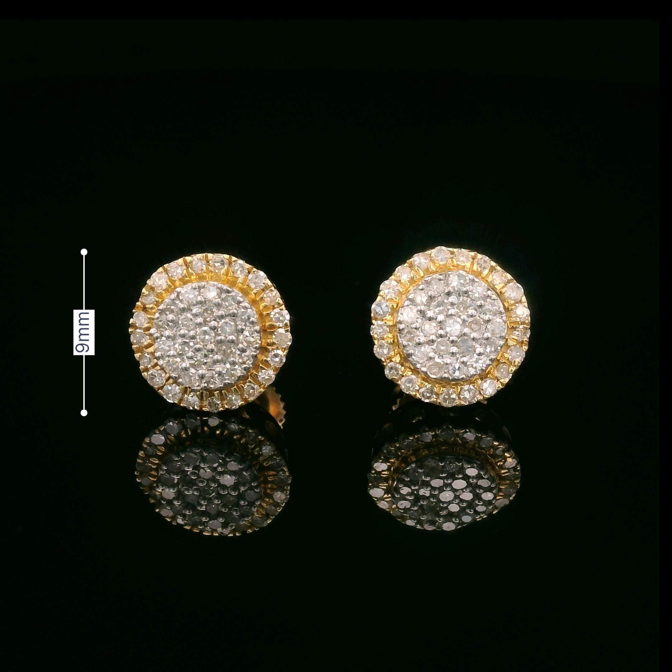 Round diamond halo screw back earrings in 14k yellow gold size 9mm