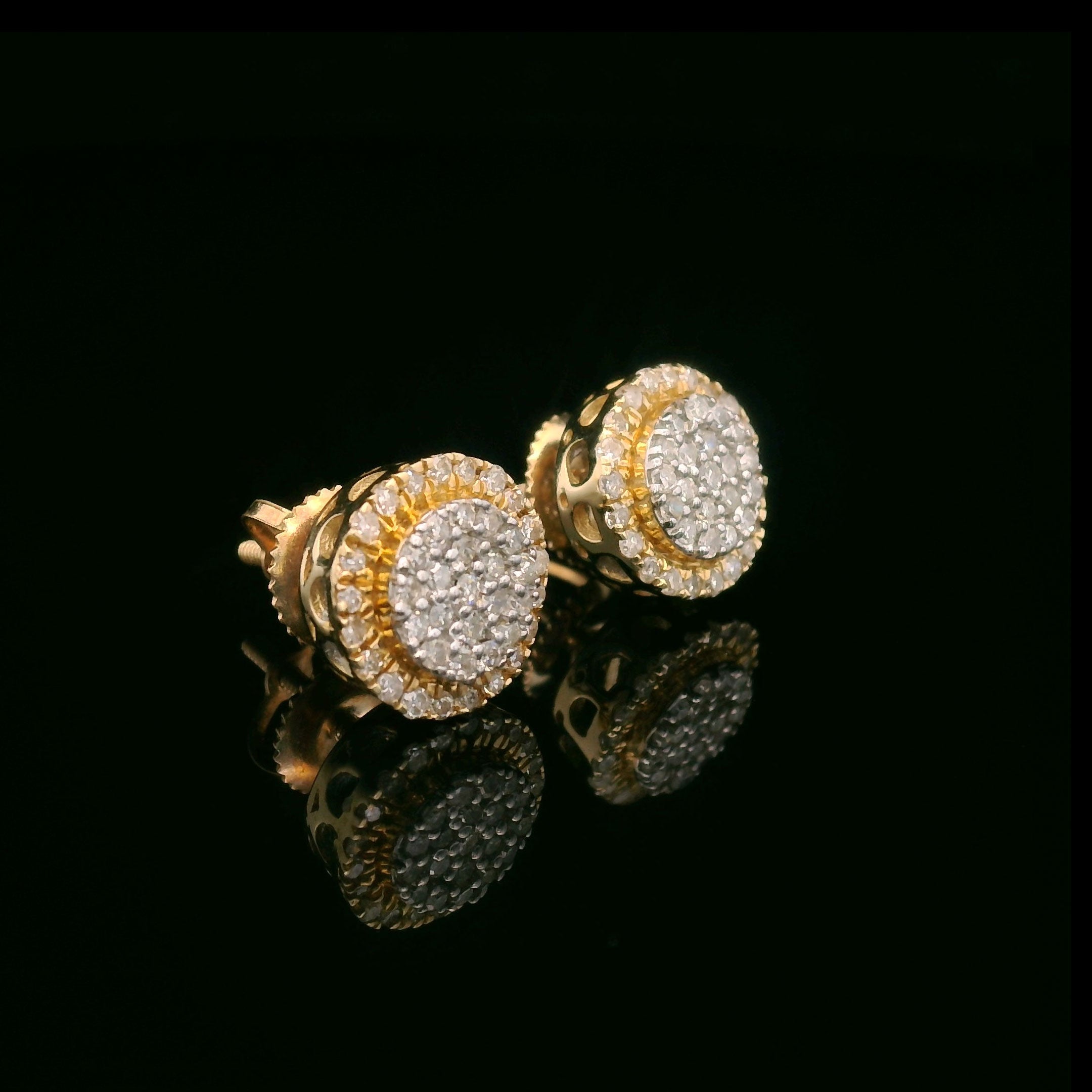 Round diamond halo screw back earrings in 14k yellow gold side