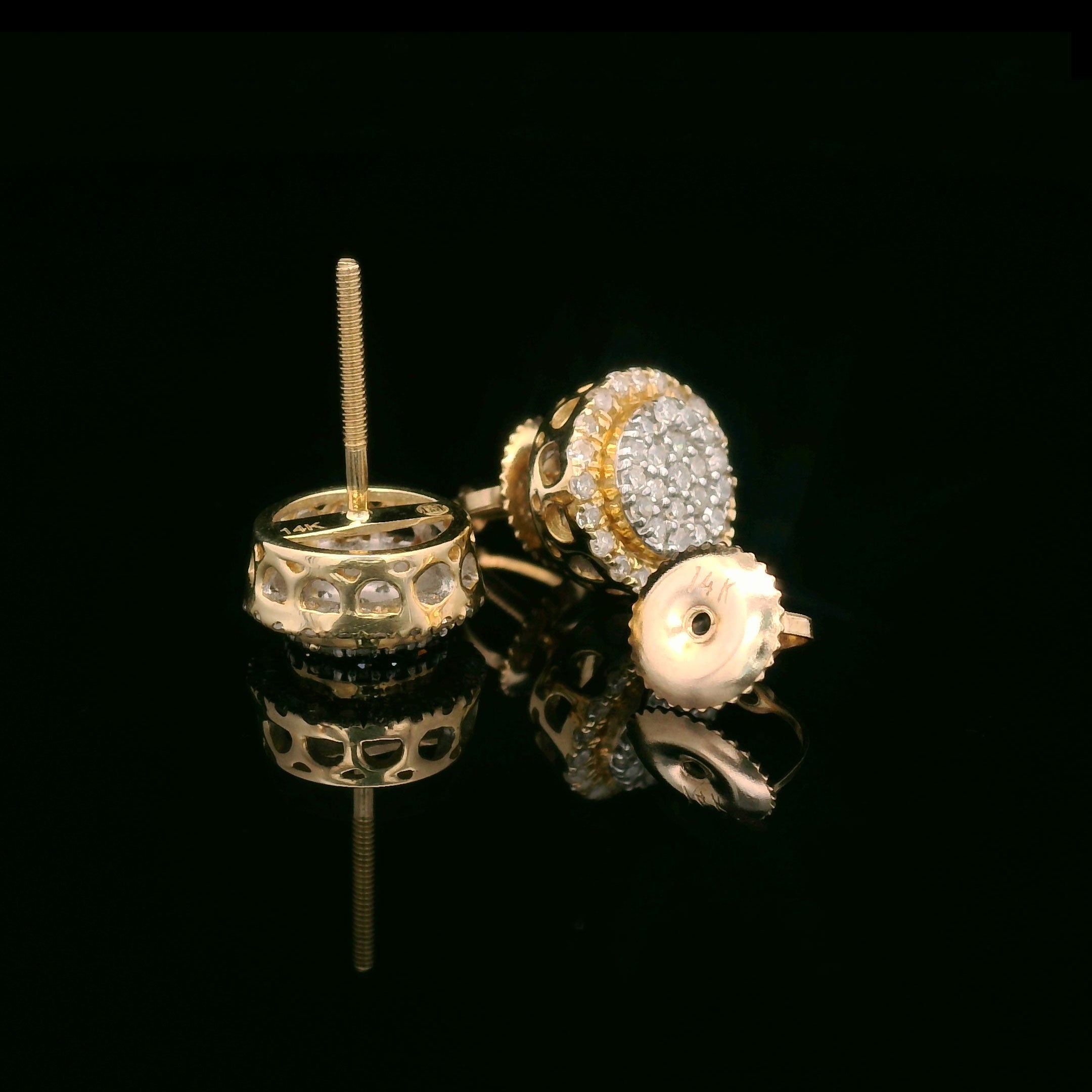 Round diamond halo screw back earrings in 14k yellow gold opened