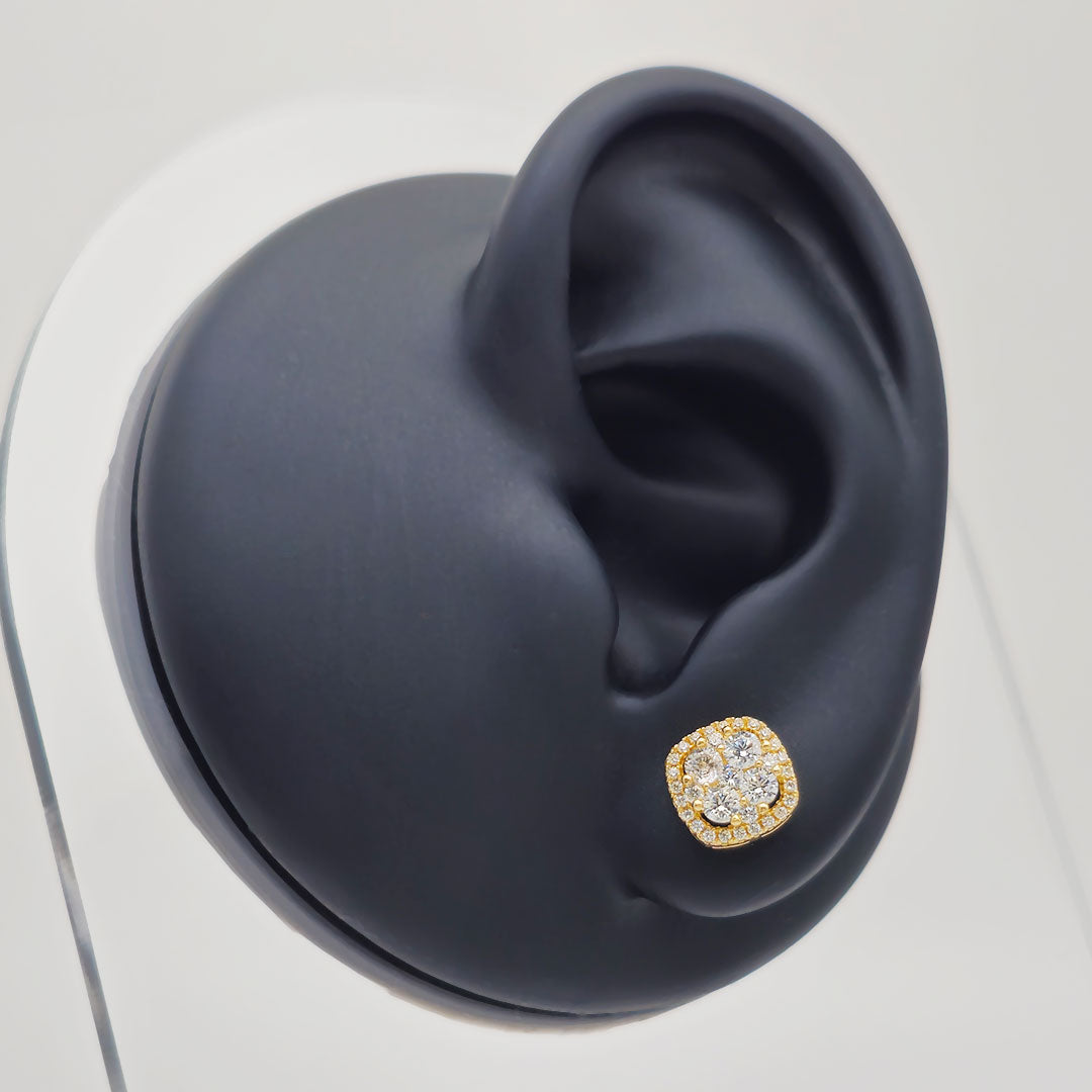 14k CZ Fancy Rounded Square Stud Earrings on Ear Display