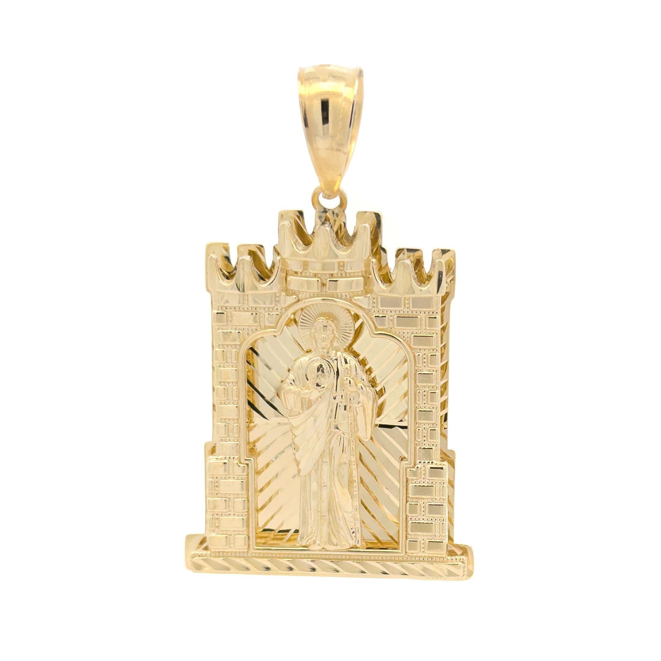 10k Yellow Gold Saint Jude Thaddeus in Castle Frame Pendant with Diamond Cut Background