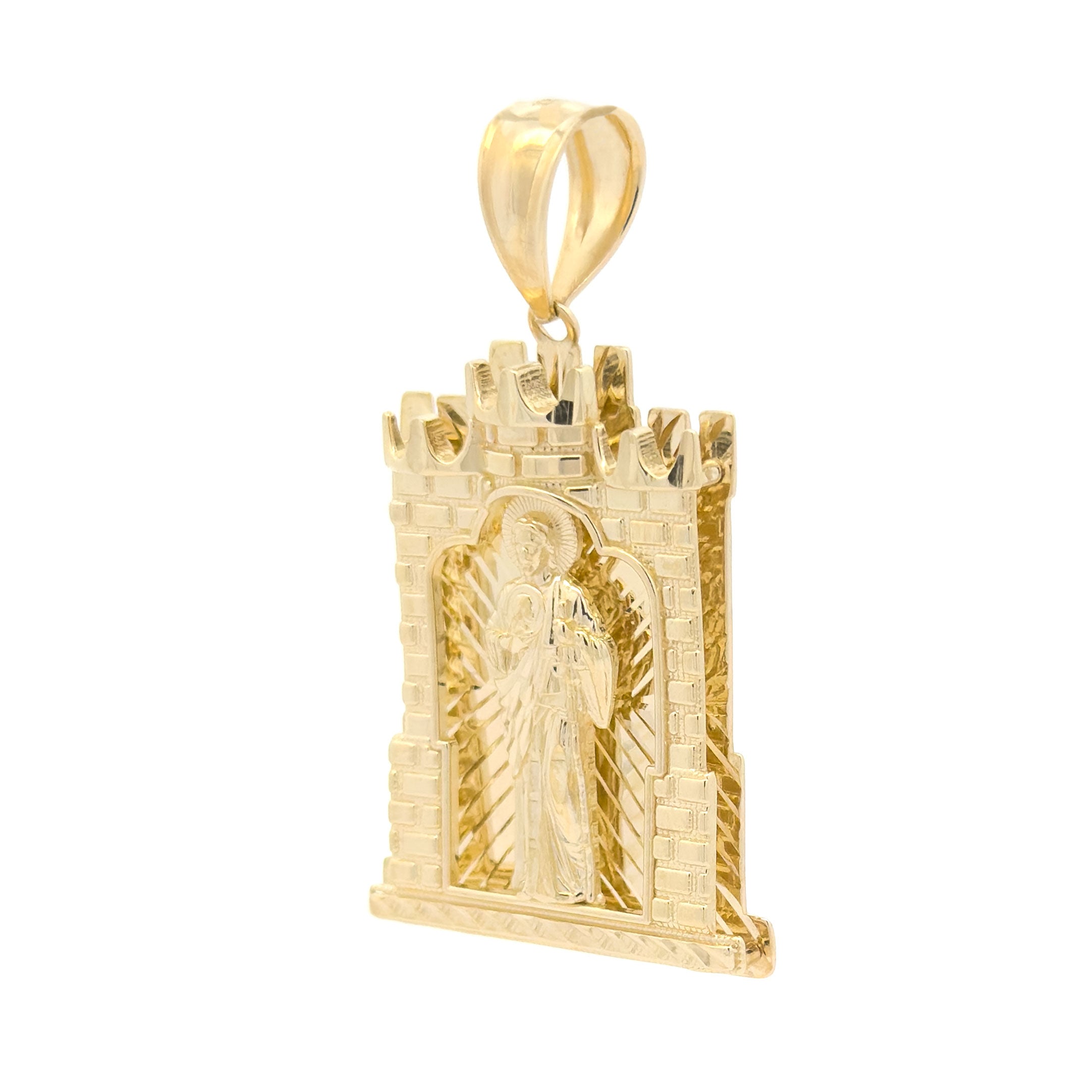 10k Yellow Gold Saint Jude Thaddeus in Castle Frame Pendant with Diamond Cut Background side