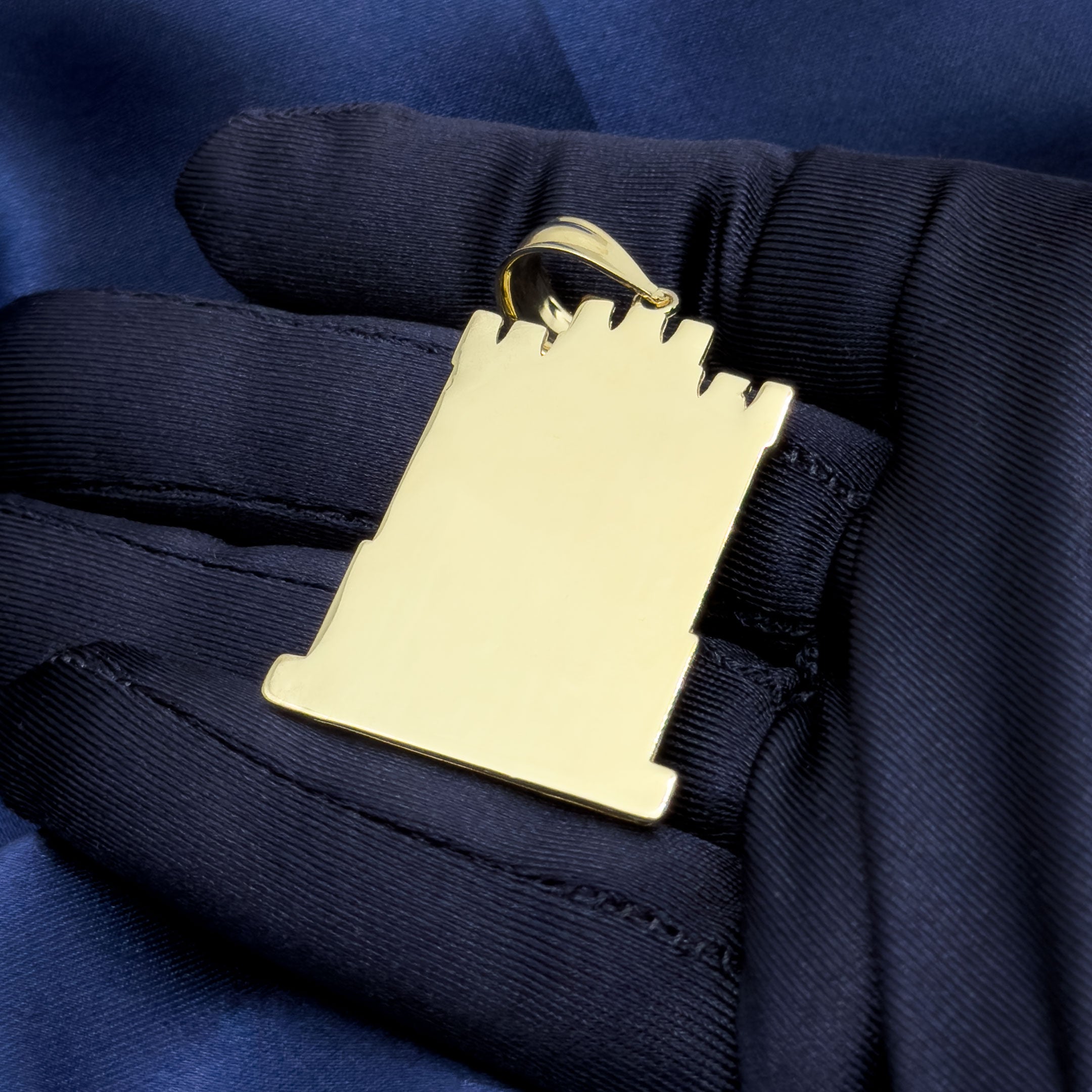 10k Yellow Gold Saint Jude Thaddeus in Castle Frame Pendant on blue background back