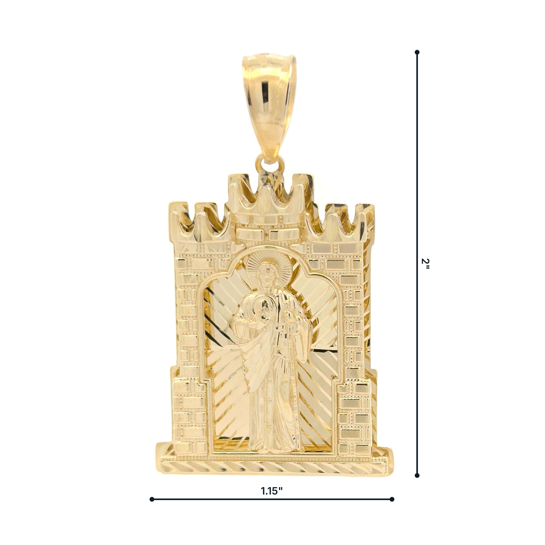10k Yellow Gold Saint Jude Thaddeus in Castle Frame Pendant on white background with measurement