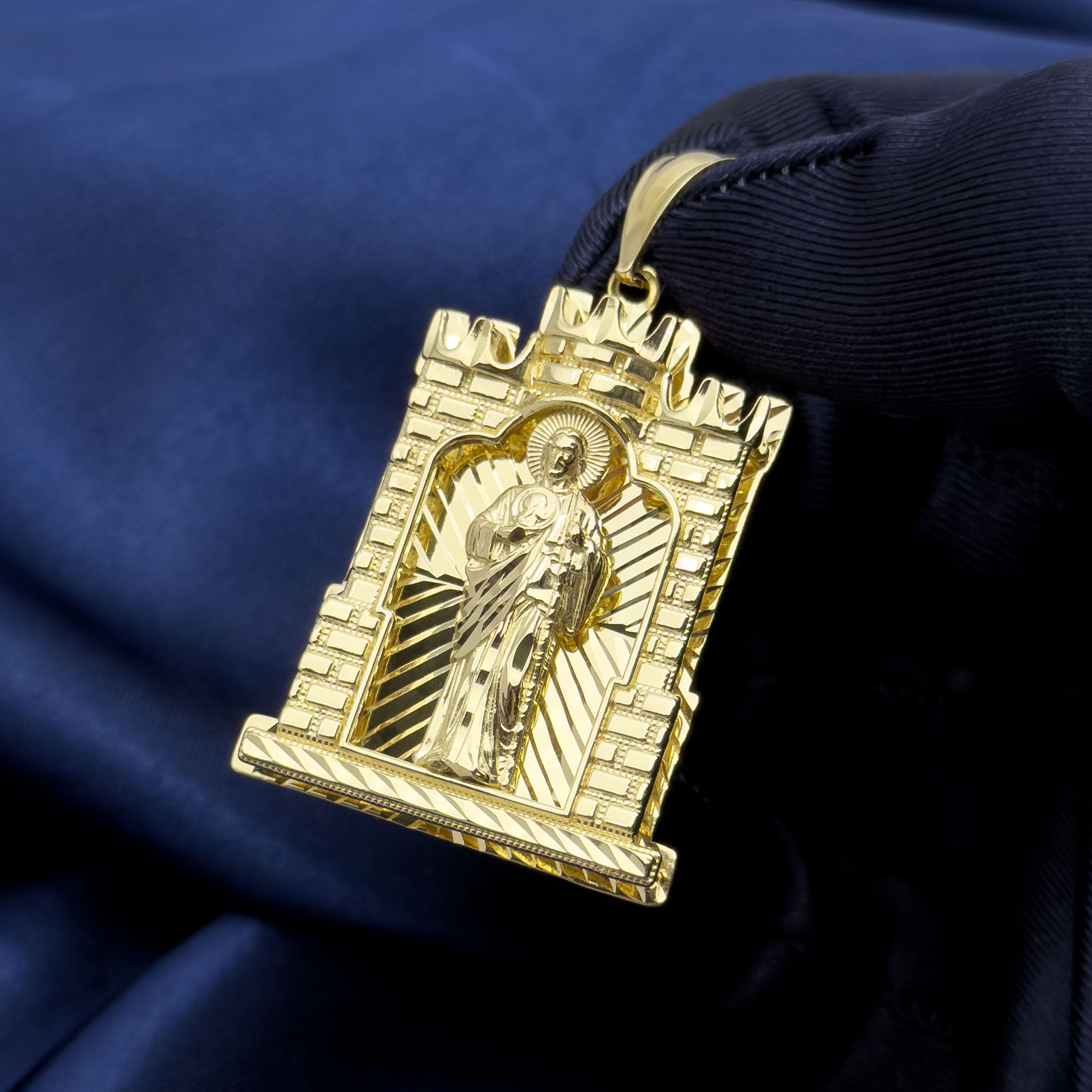 10k Yellow Gold Saint Jude Thaddeus in Castle Frame Pendant on blue background