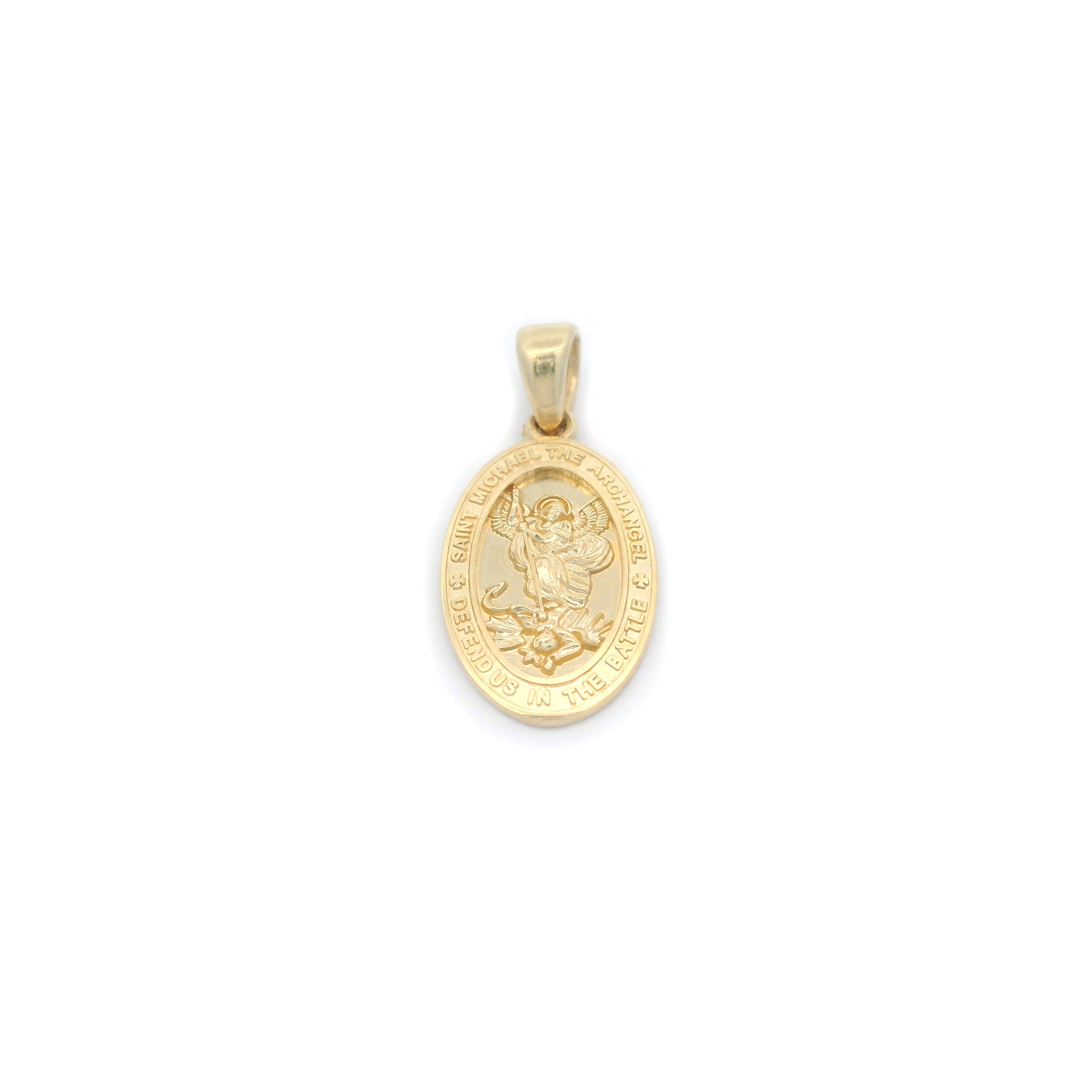14k Saint Michael Mini Pendant in Yellow Gold with White Background