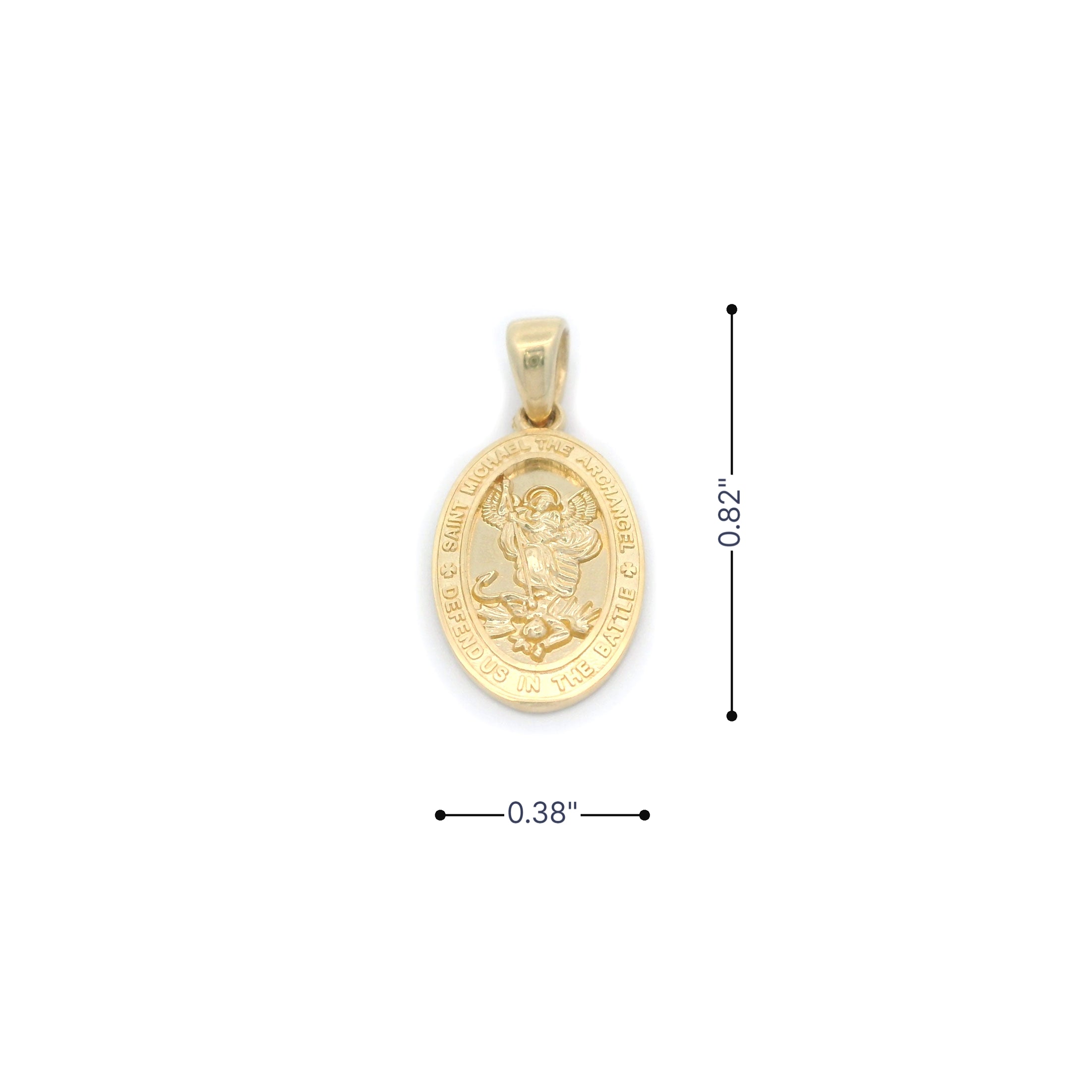 14k Saint Michael Mini Pendant in Yellow Gold with White Background with Measurements