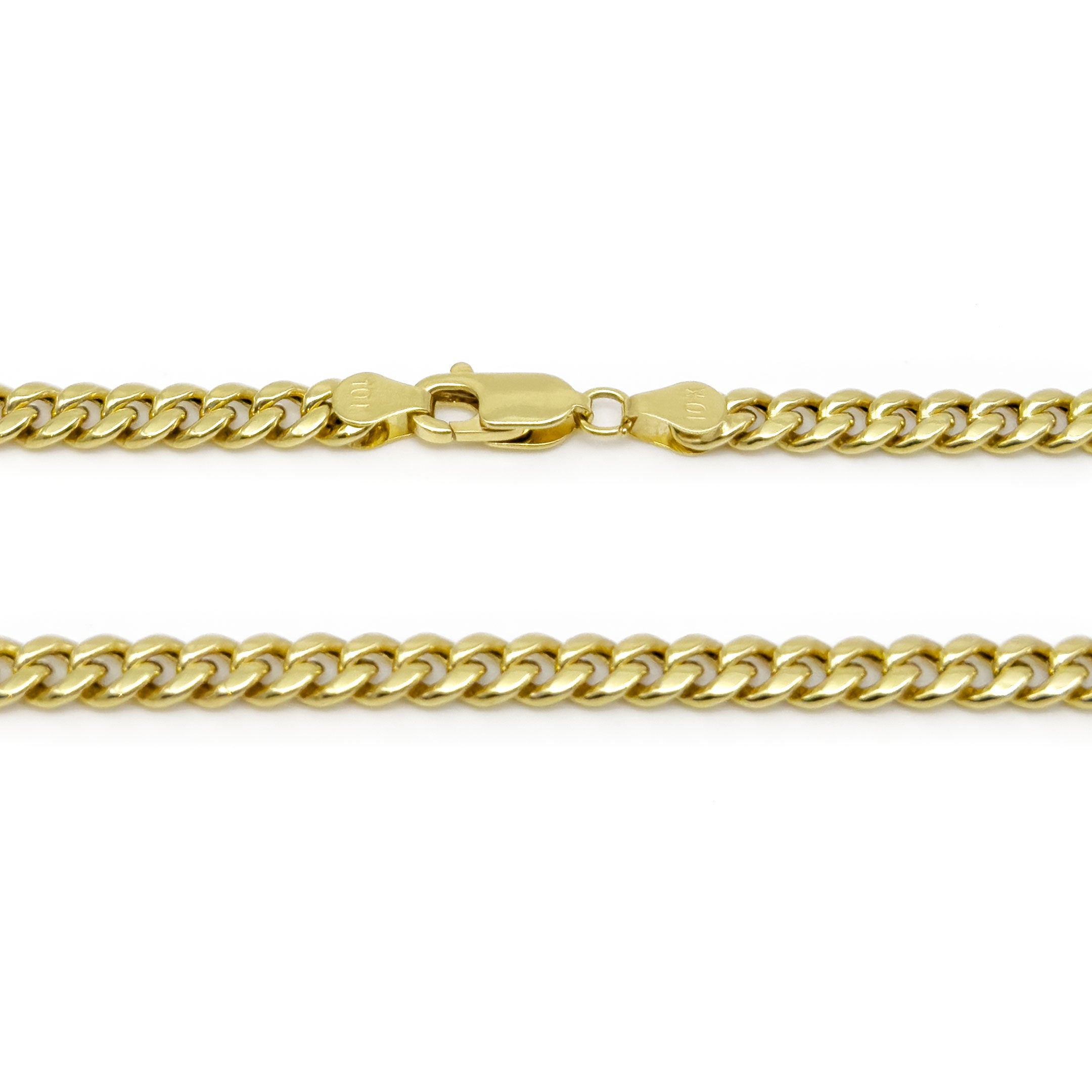 10k Yellow Gold Semi-Hollow Cuban Chain 4.5mm on a white background close up lobster lock