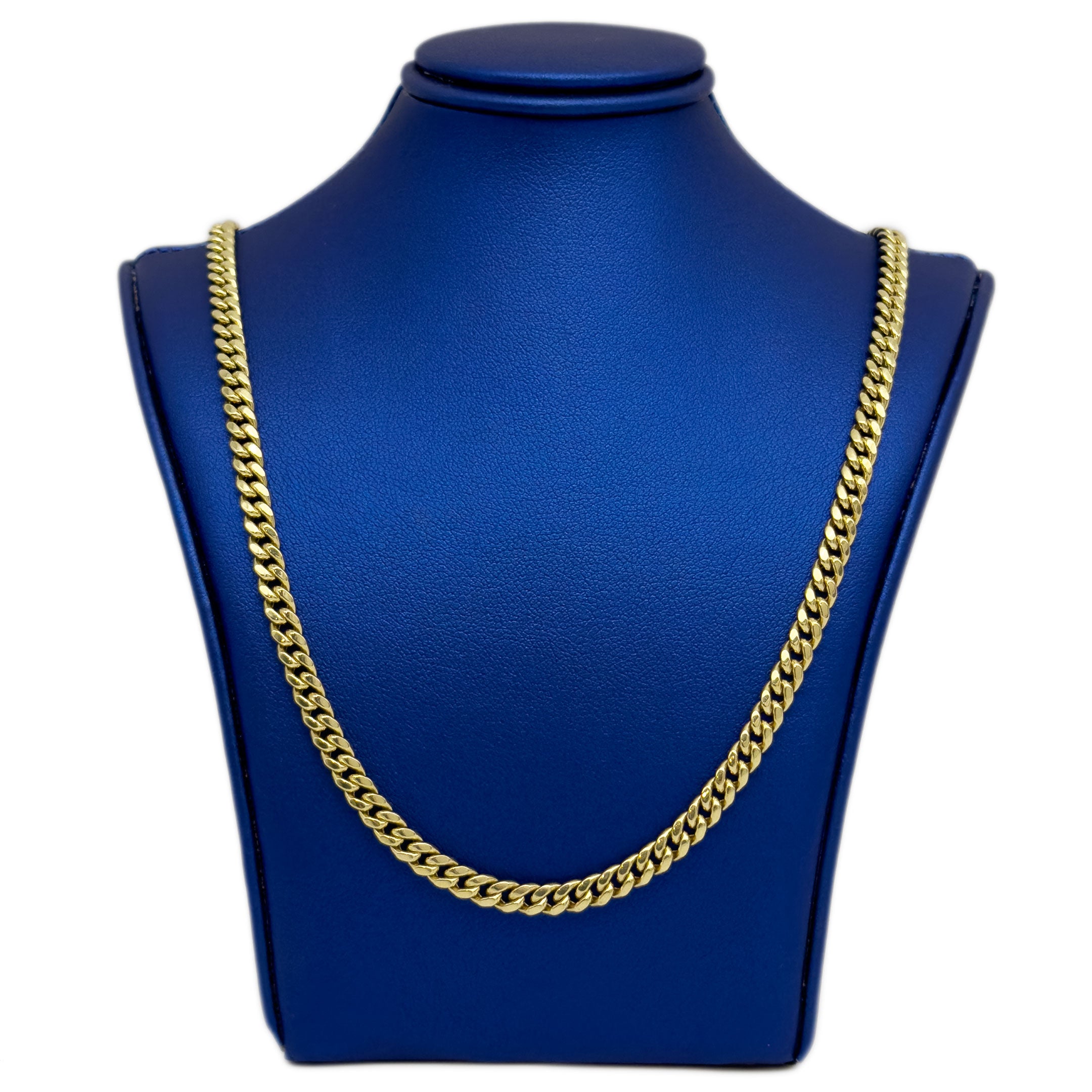 10k Yellow Gold Semi-Hollow Cuban Chain 4.5mm on a blue mannequin neck display