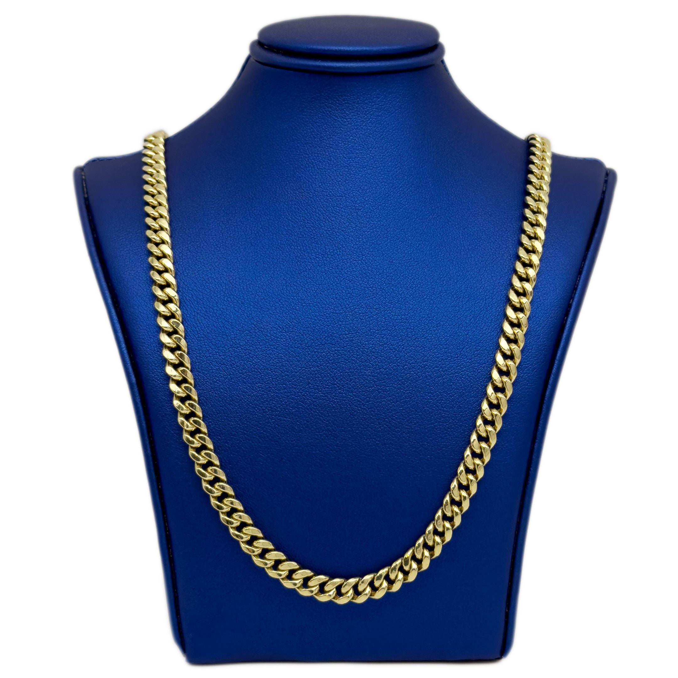 10k Yellow Gold Semi-Hollow Cuban Chain 5.75mm on a blue mannequin neck display