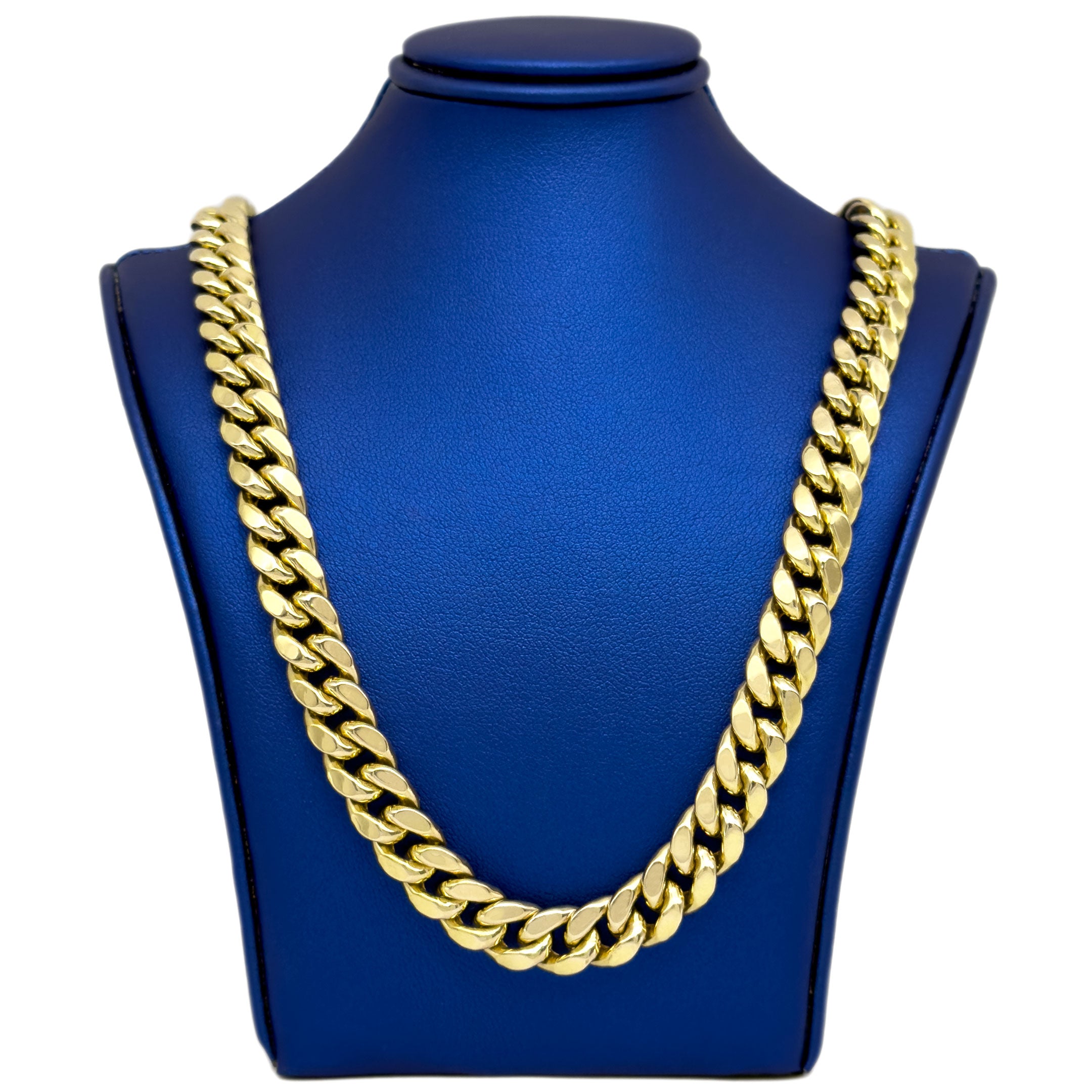 10k Yellow Gold Semi-Solid Cuban Chain 9.5mm on blue neck display