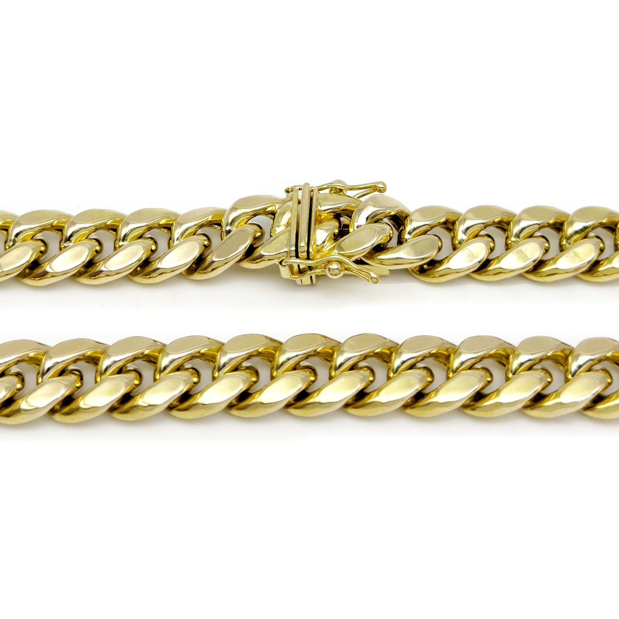 10k Yellow Gold Semi-Solid Cuban Chain 9.5mm on white background close up of lock