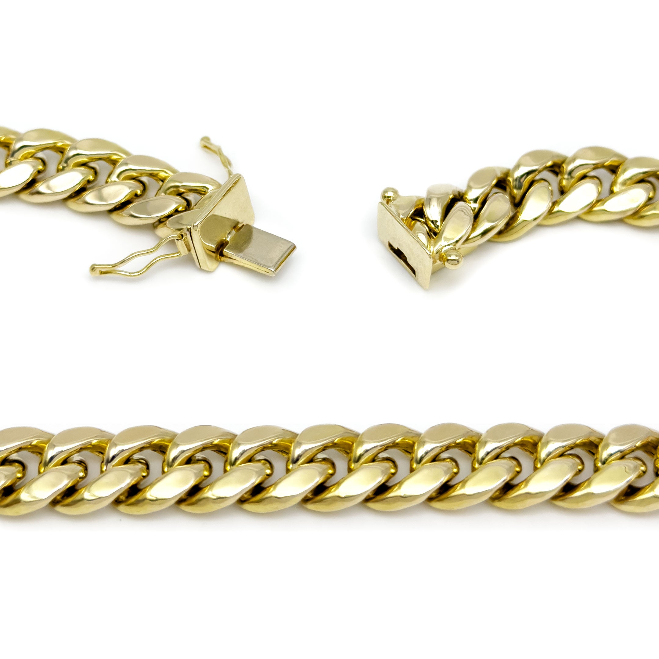 10k Yellow Gold Semi-Solid Cuban Chain 9.5mm on white background close up of opened lock