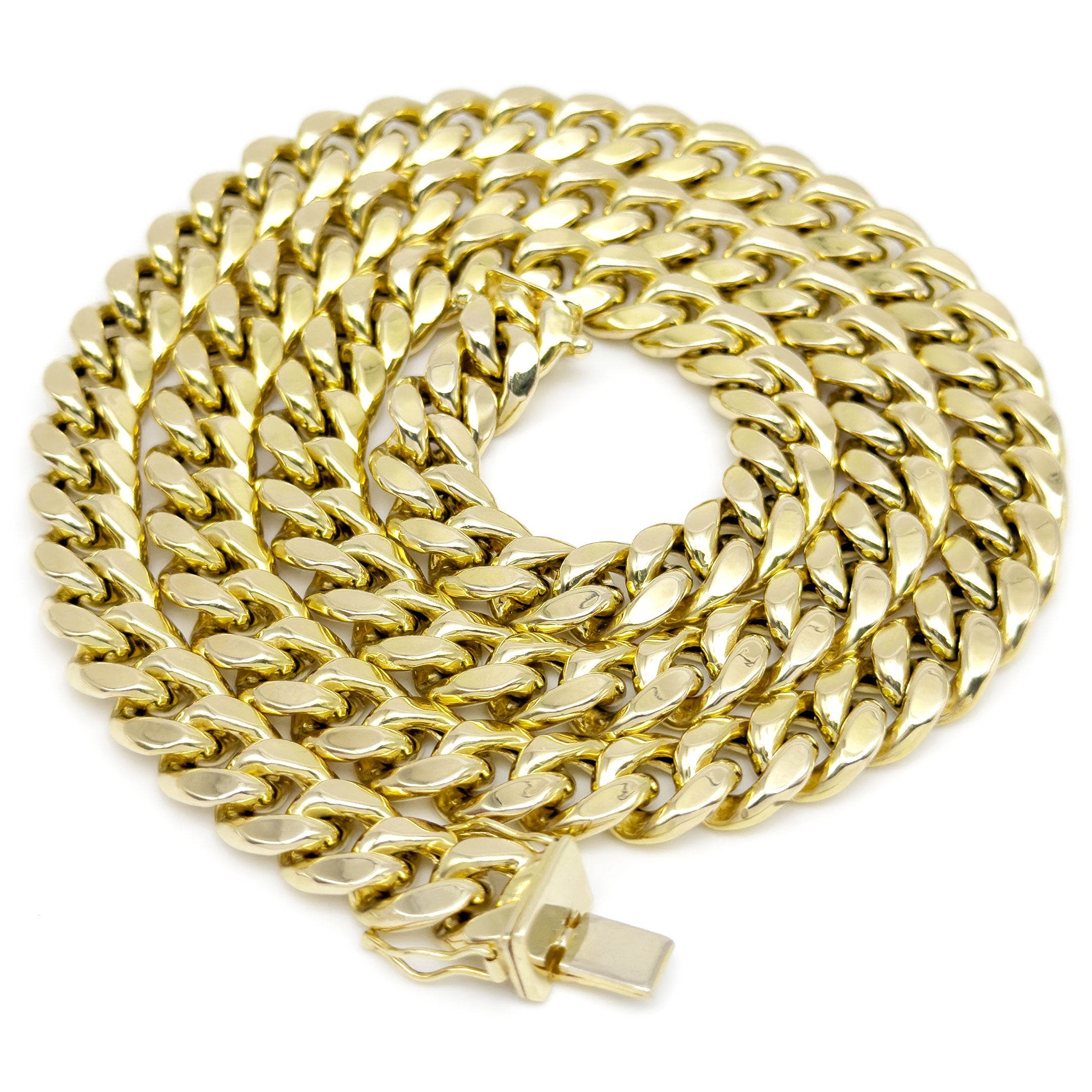10k Yellow Gold Semi-Solid Cuban Chain 9.5mm on white background wrapped in a circle