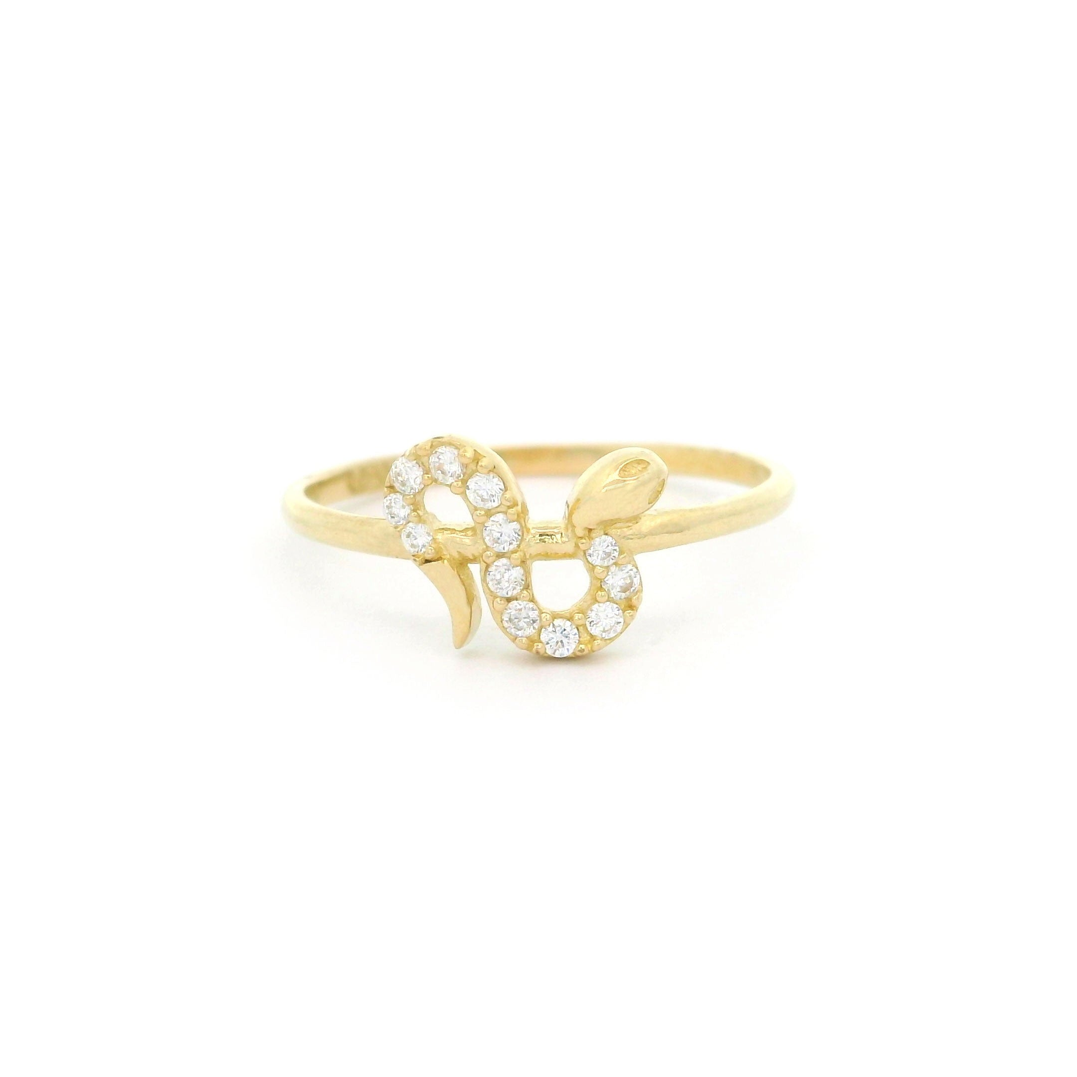 10k yellow gold ring with snake design and cz stones on a white background