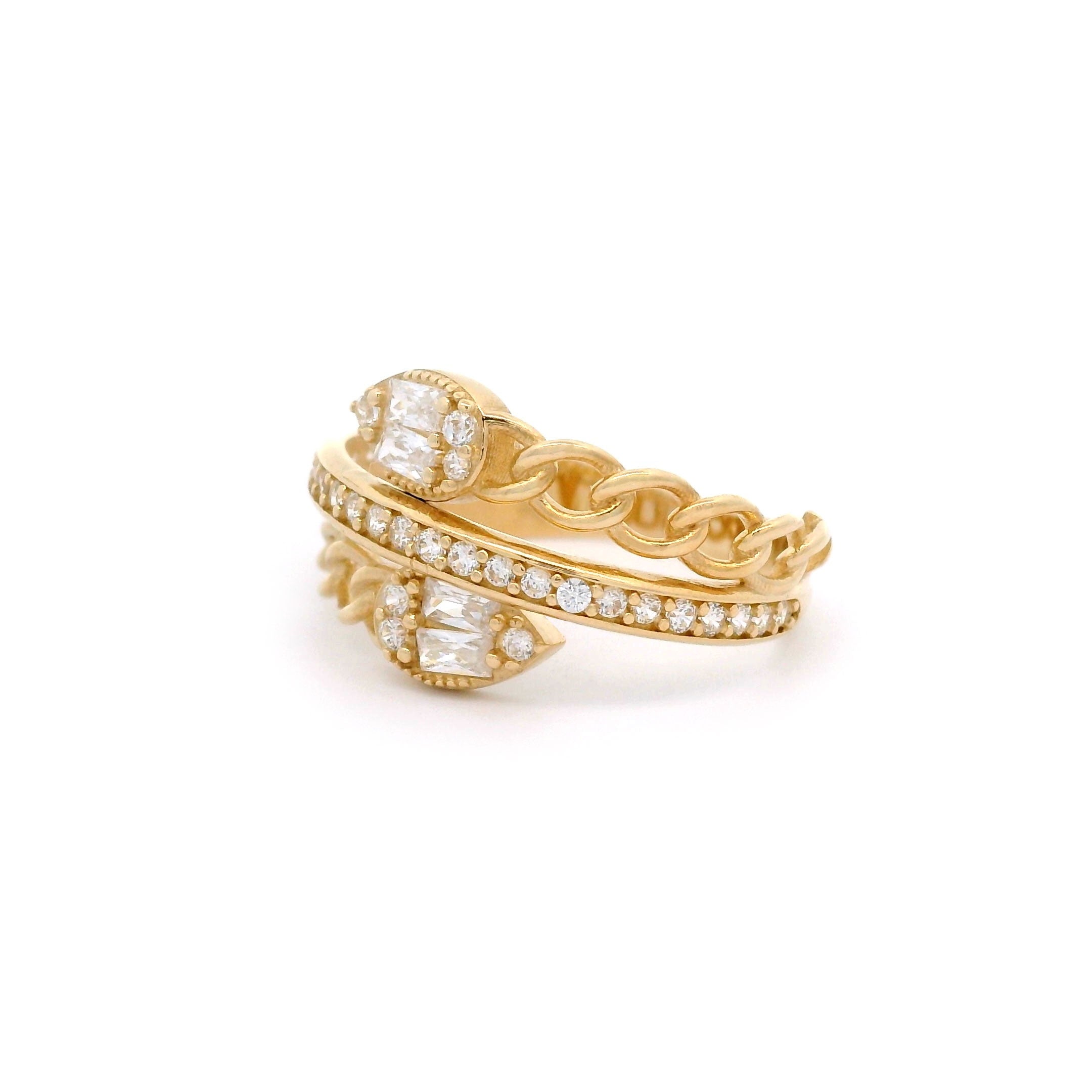 Snake & Cuban Wrap Ring with CZ in 14kt Yellow Gold Angle