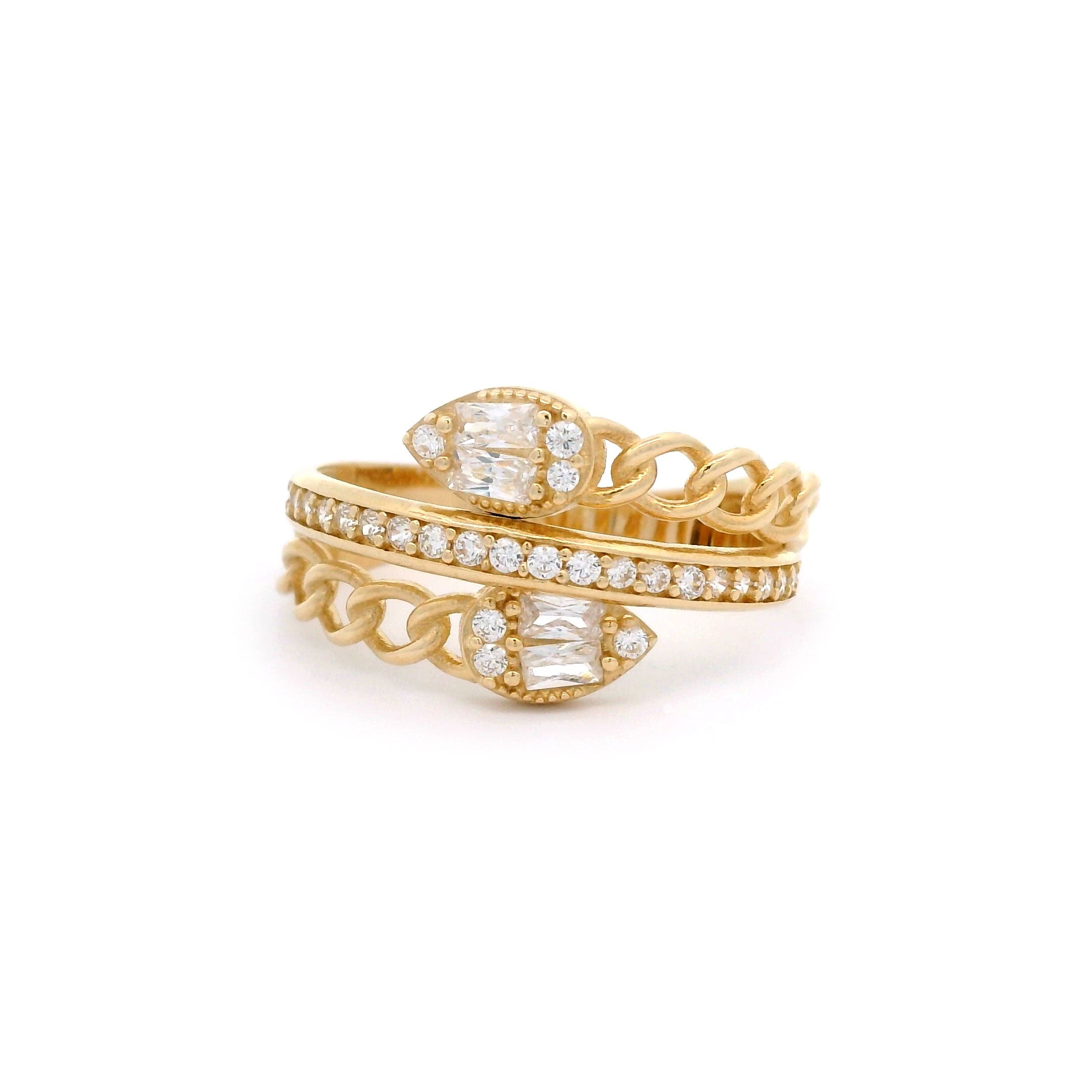 Snake & Cuban Wrap Ring with CZ in 14kt Yellow Gold