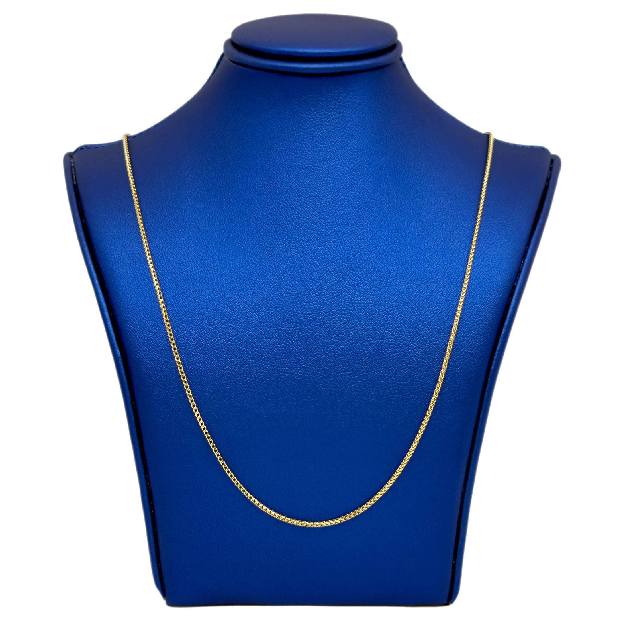 14k Yellow Gold Solid Franco Fine Chain 1.25mm on white background on a blue neck jewelry display