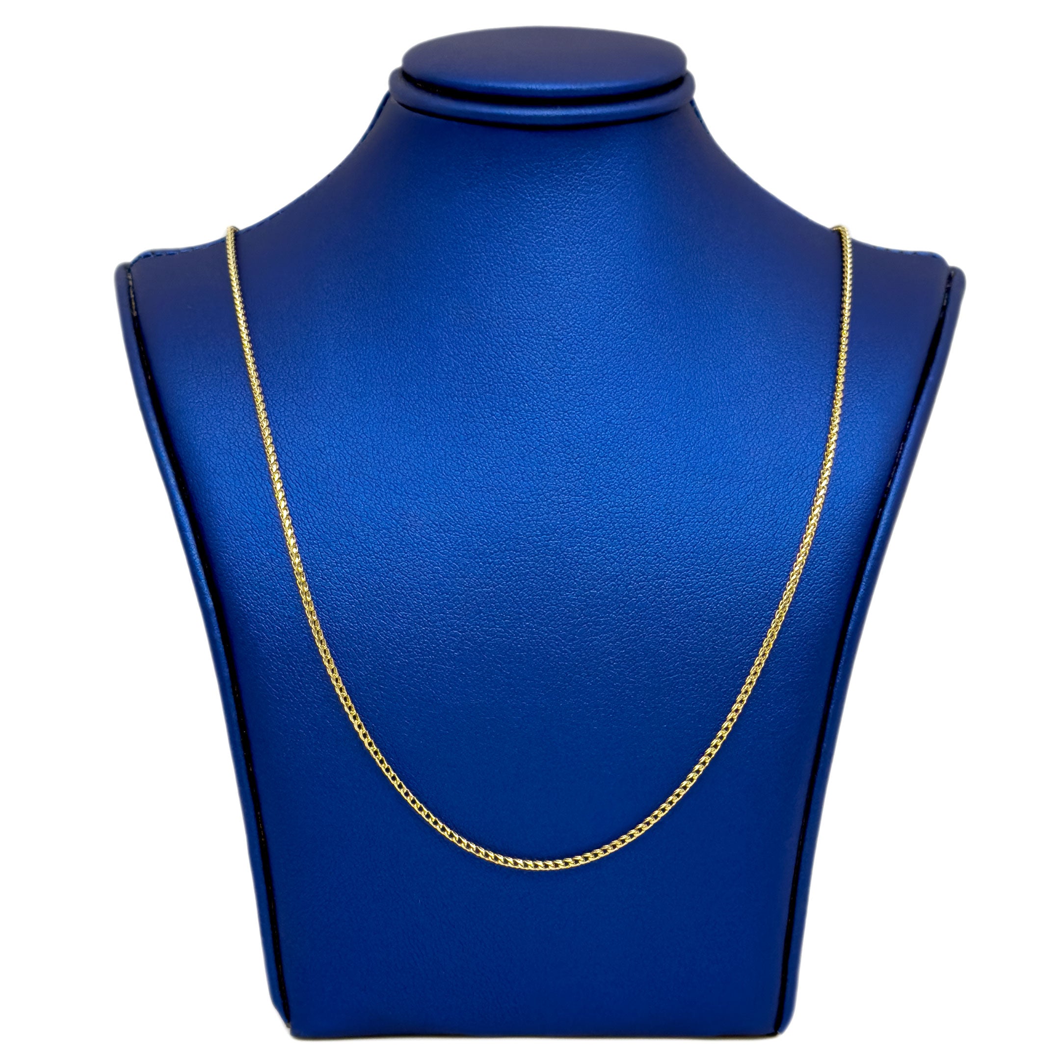 14k Yellow Gold Solid Franco Fine Chain 1.35mm on blue neck display