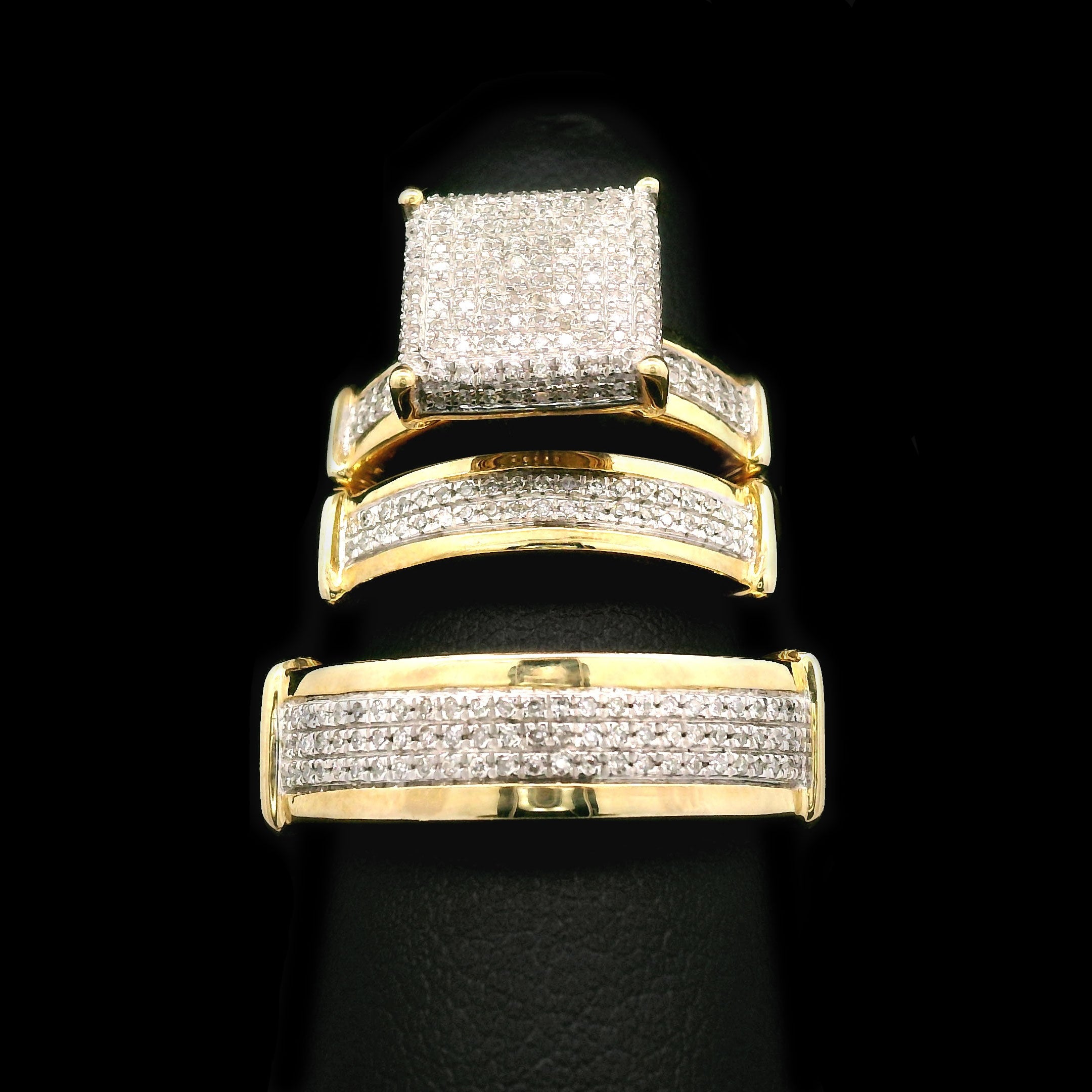 Diamond Square Cluster Trio Wedding Set 10k Yellow Gold
