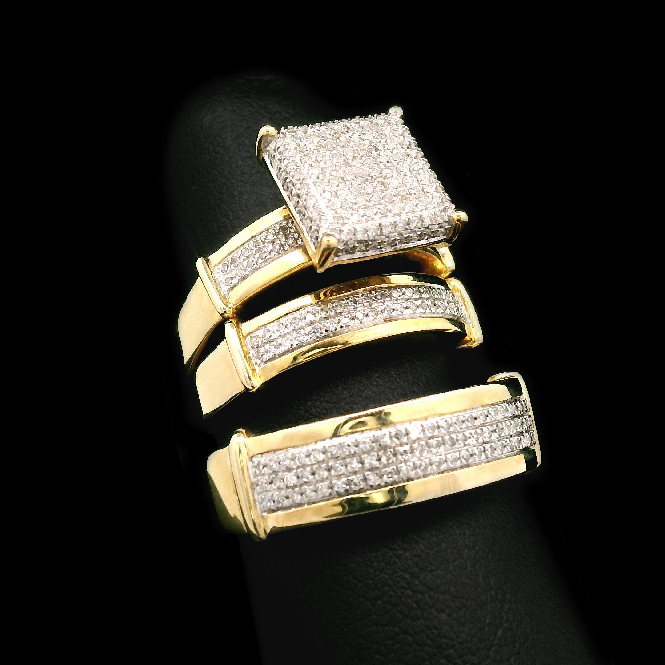 Diamond Square Cluster Trio Wedding Set 10k Yellow Gold left side