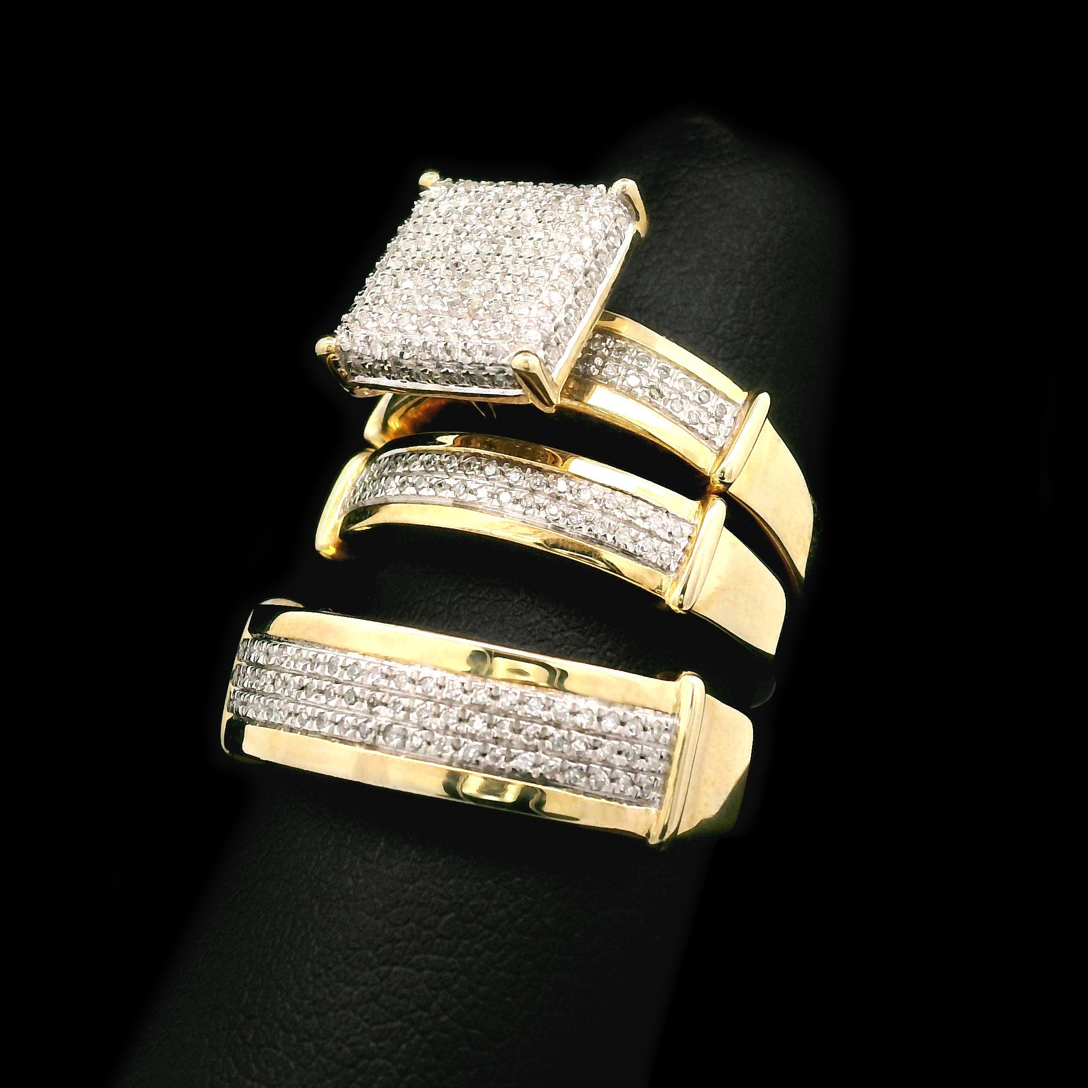 Diamond Square Cluster Trio Wedding Set 10k Yellow Gold right side
