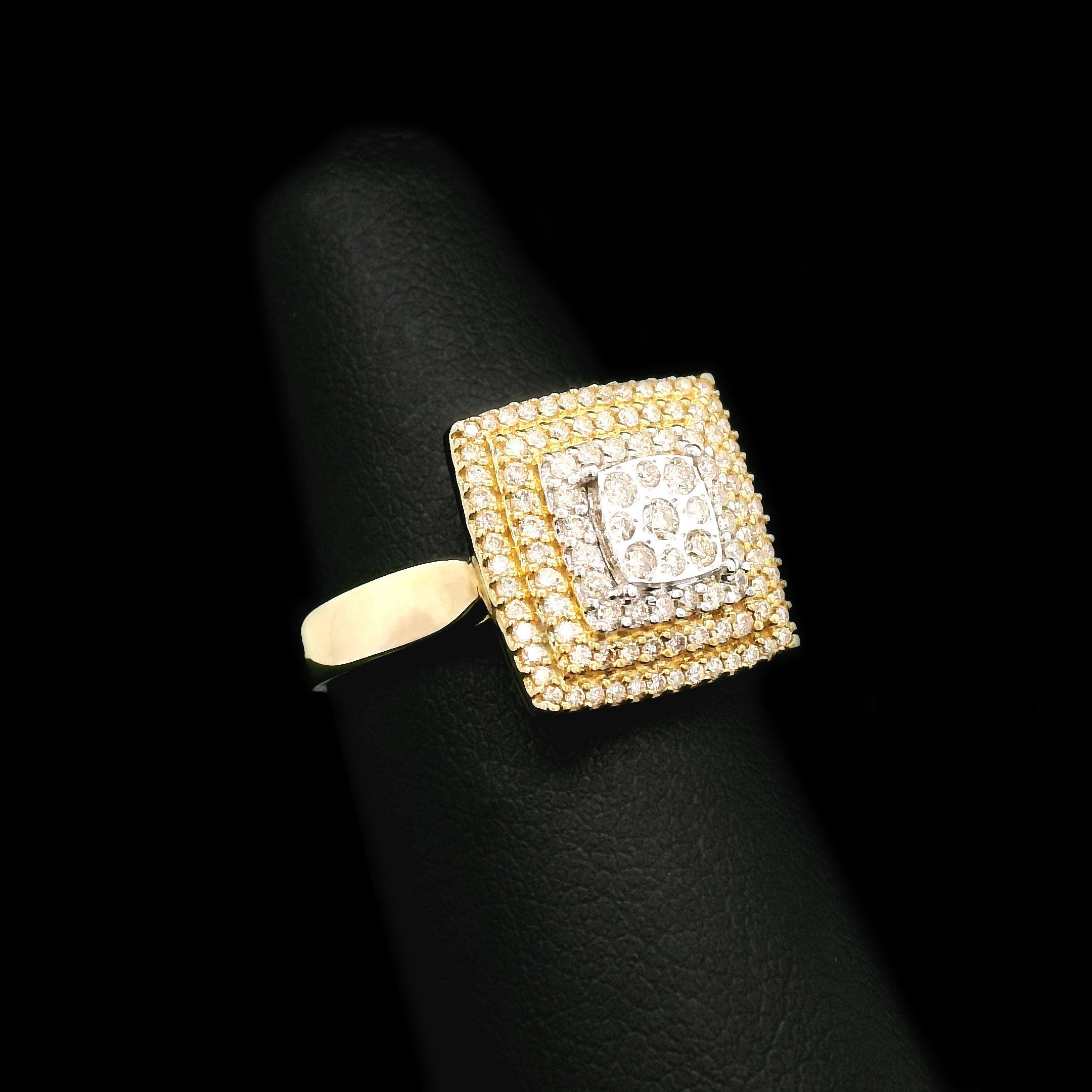 Diamond Square Cluster with Triple Halo Engagement Ring 10k Yellow Gold right side
