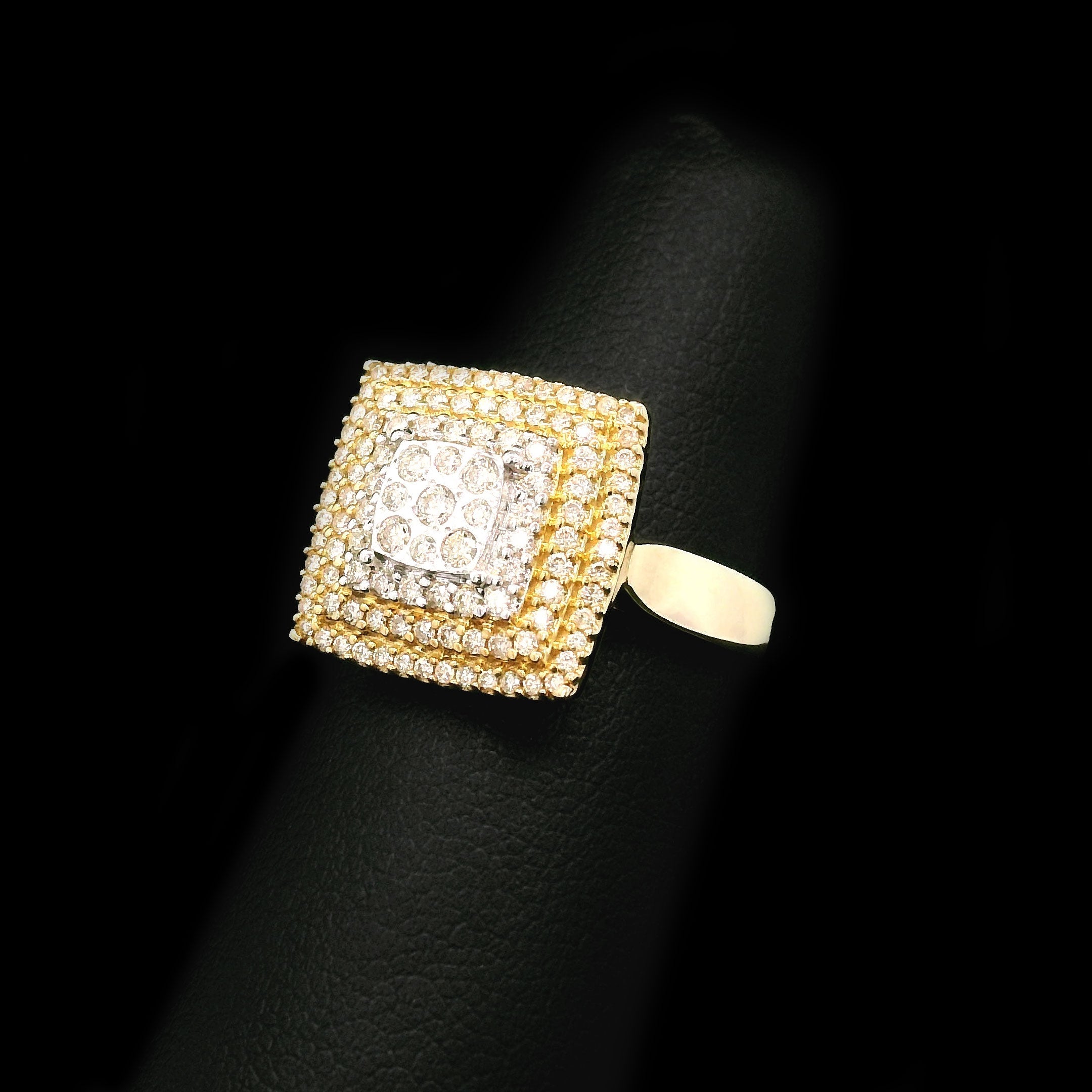 Diamond Square Cluster with Triple Halo Engagement Ring 10k Yellow Gold left side