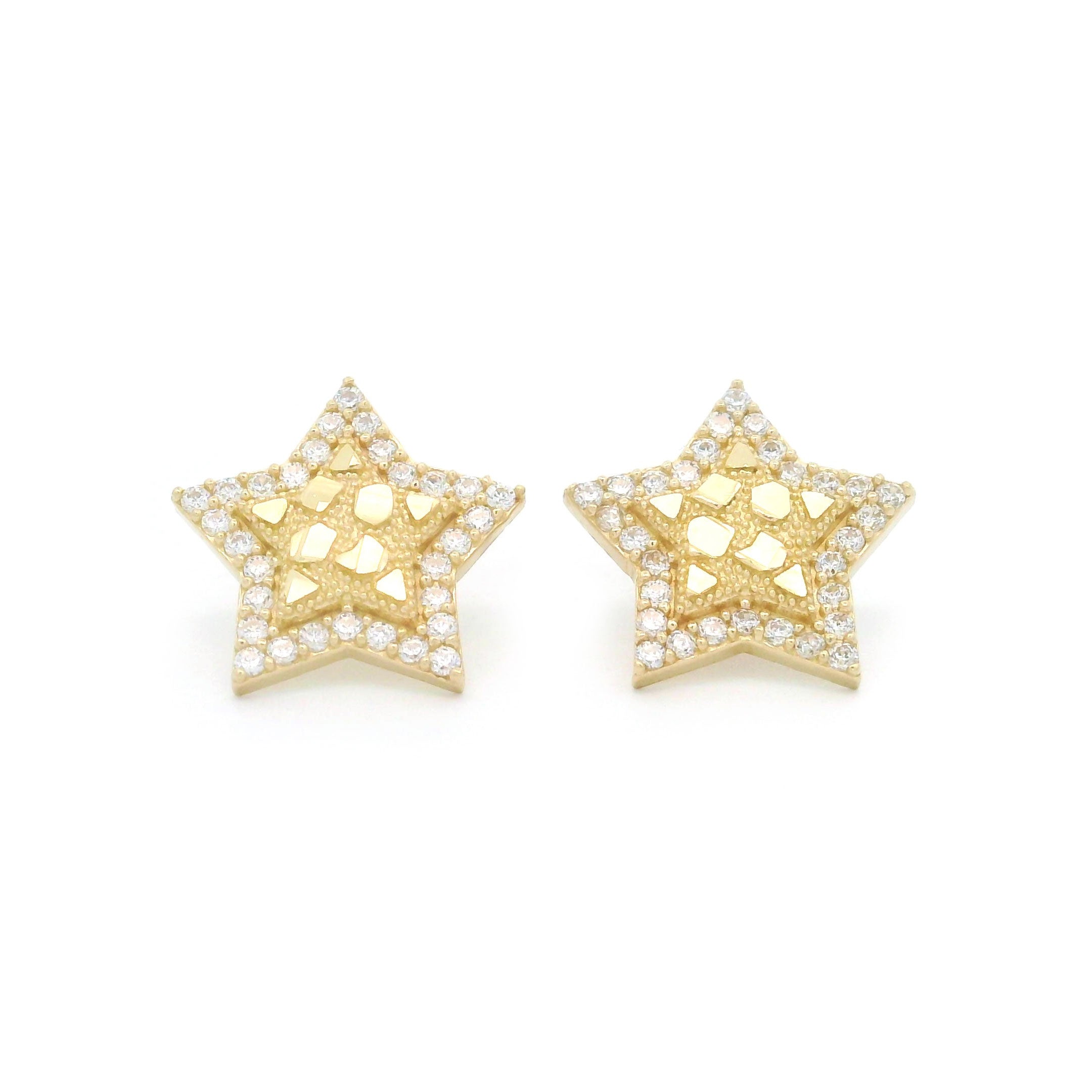 10k gold old star shaped earrings with cz stone border on a white background
