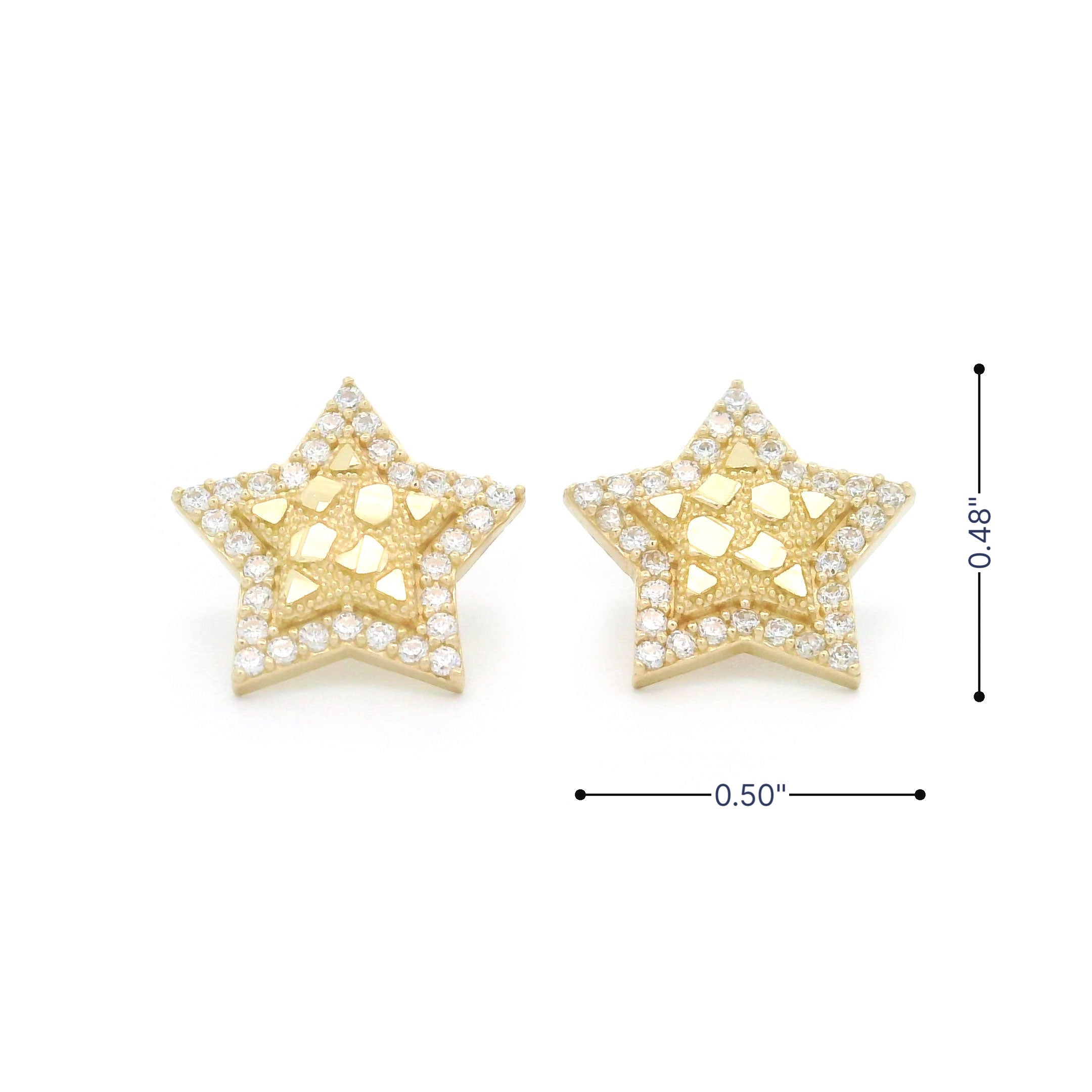 10k gold old star shaped earrings with cz stone border on a white background with measurements