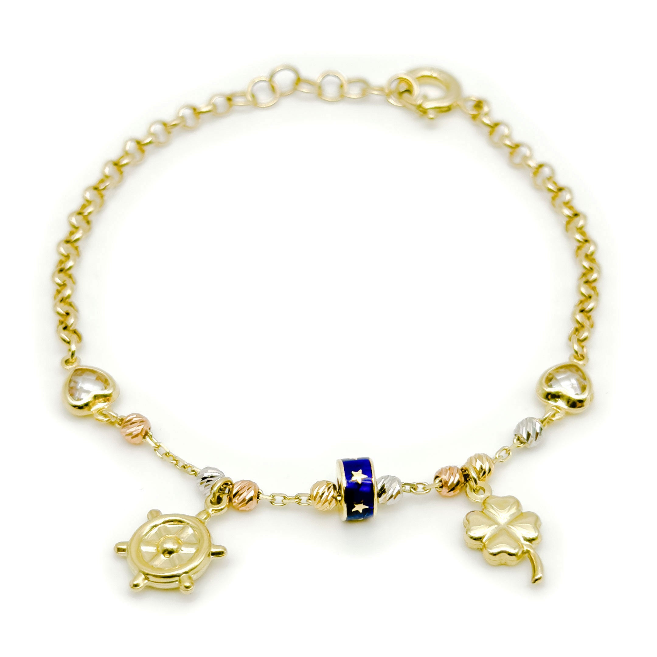 A gold charm bracelet with charms, including a ship's wheel, a four-leaf clover, a heart, and a blue and gold star-patterned bead, shown on a white background.