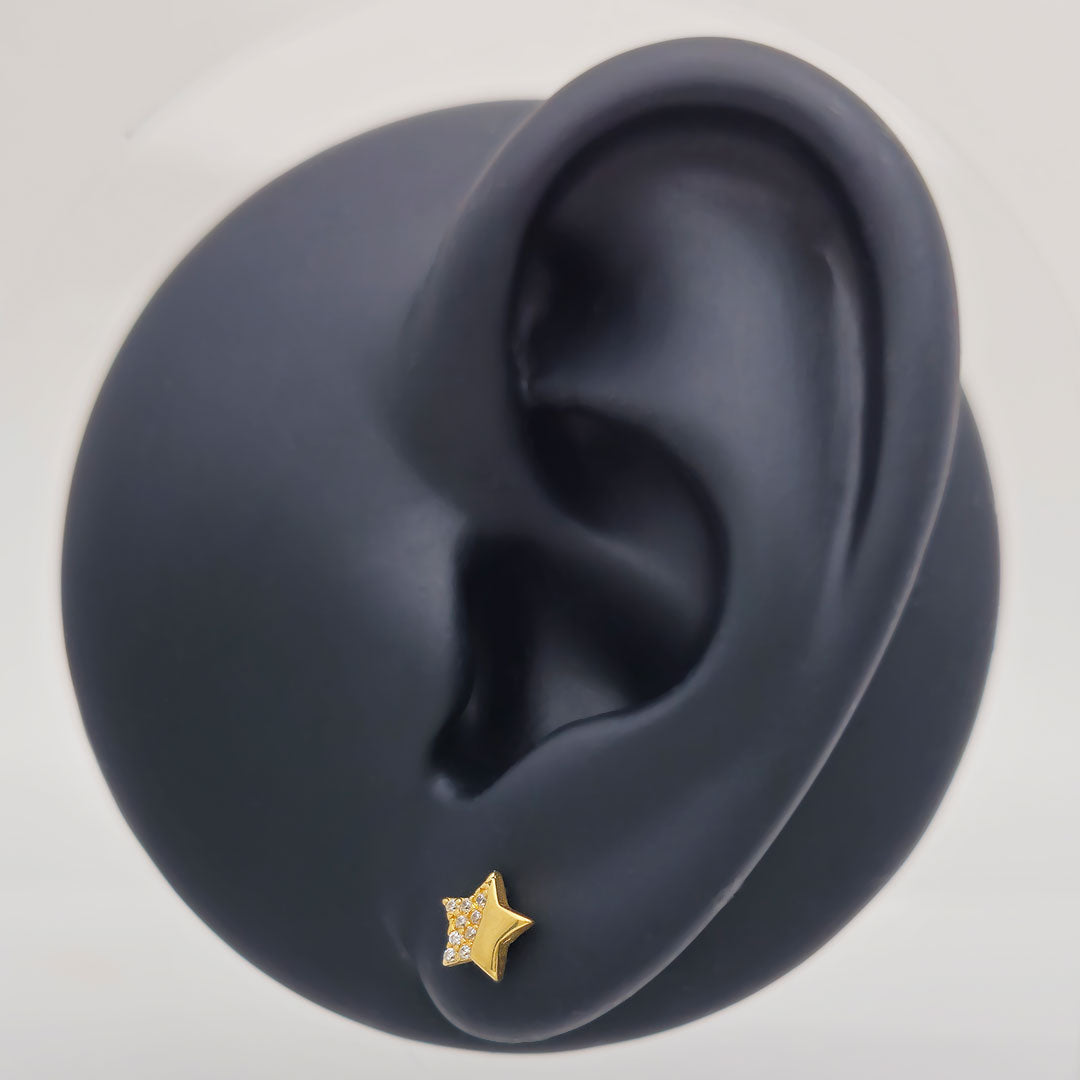 14k CZ Star Fancy Stud Earrings on Ear Display