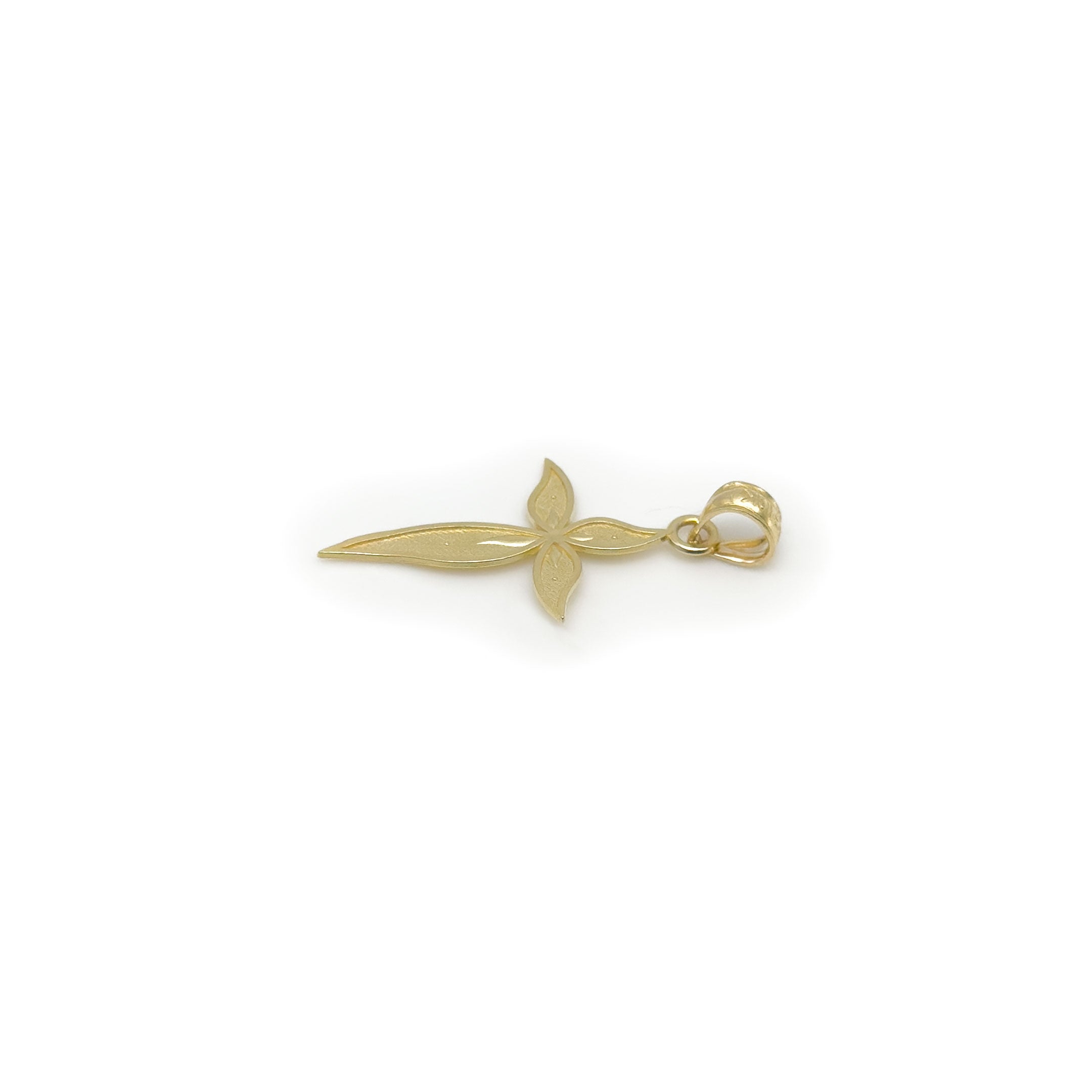 10k gold curvy cross pendant on white background back