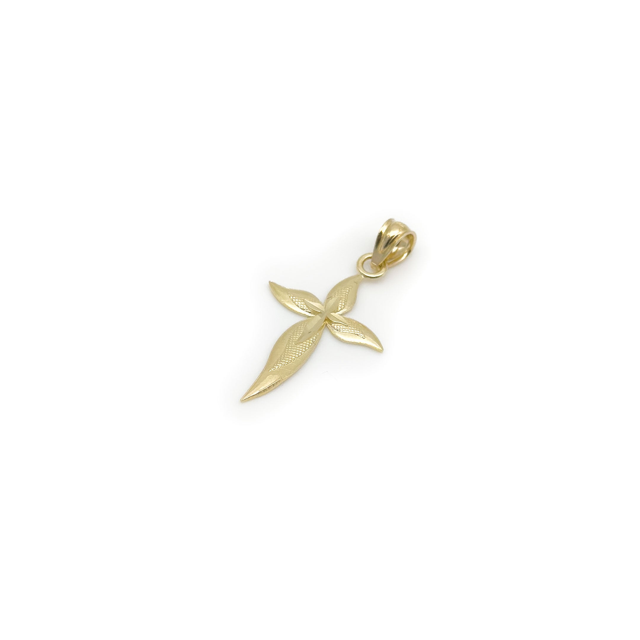 10k gold curvy cross pendant on white background