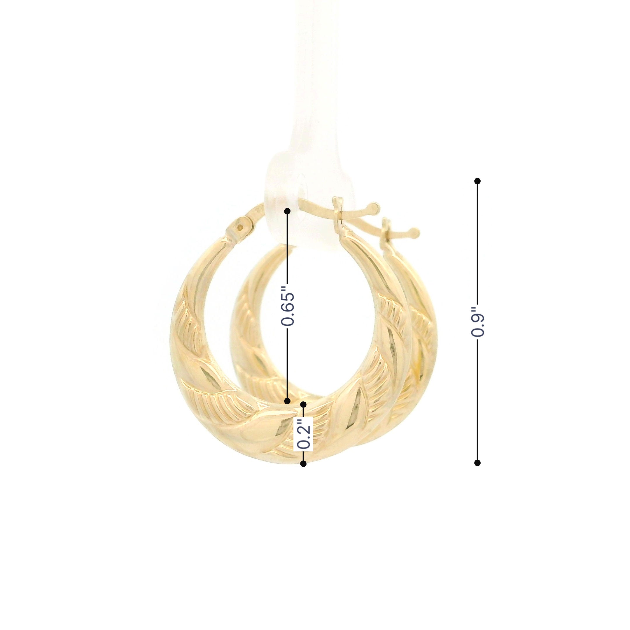 10k gold hoop earrings with swirl design on white background with measurements